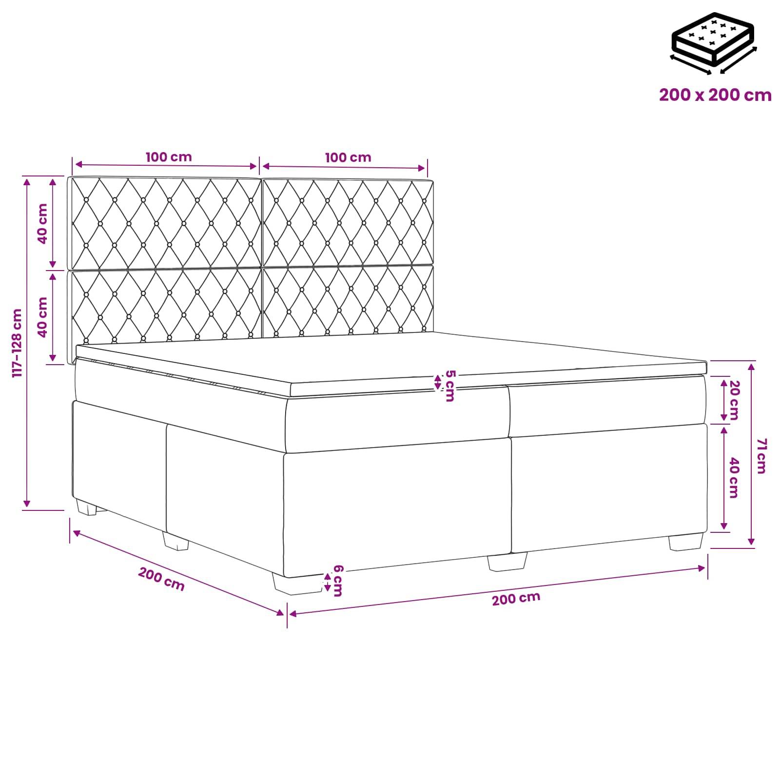 Maßstabzeichnung eines 200 x 200 cm Polsterbetts mit gestepptem Kopfteil, mit folgenden Abmessungen: 117-128 cm Kopfteillhöhe, 71 cm Gesamthöhe, 40 cm Sockel, 20 cm Oberseite, 6 cm Füße.