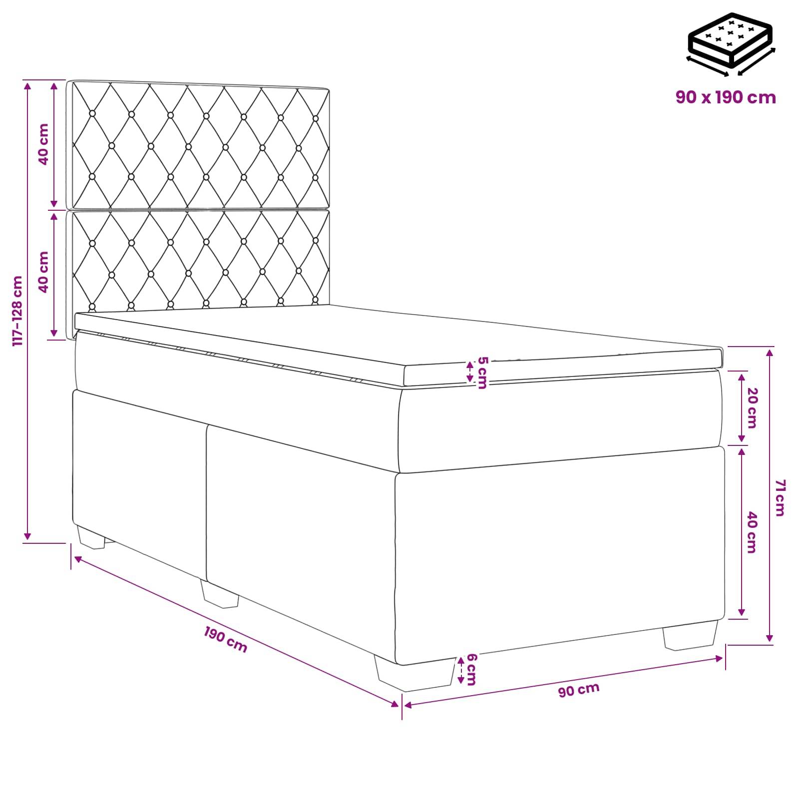 Diagramm eines Speicherbetts mit gestepptem Kopfteil und Matratze, zeigt die Abmessungen: 190 cm lang, 90 cm breit, 117-128 cm hoch, 40 cm Kopfteilpaneele.