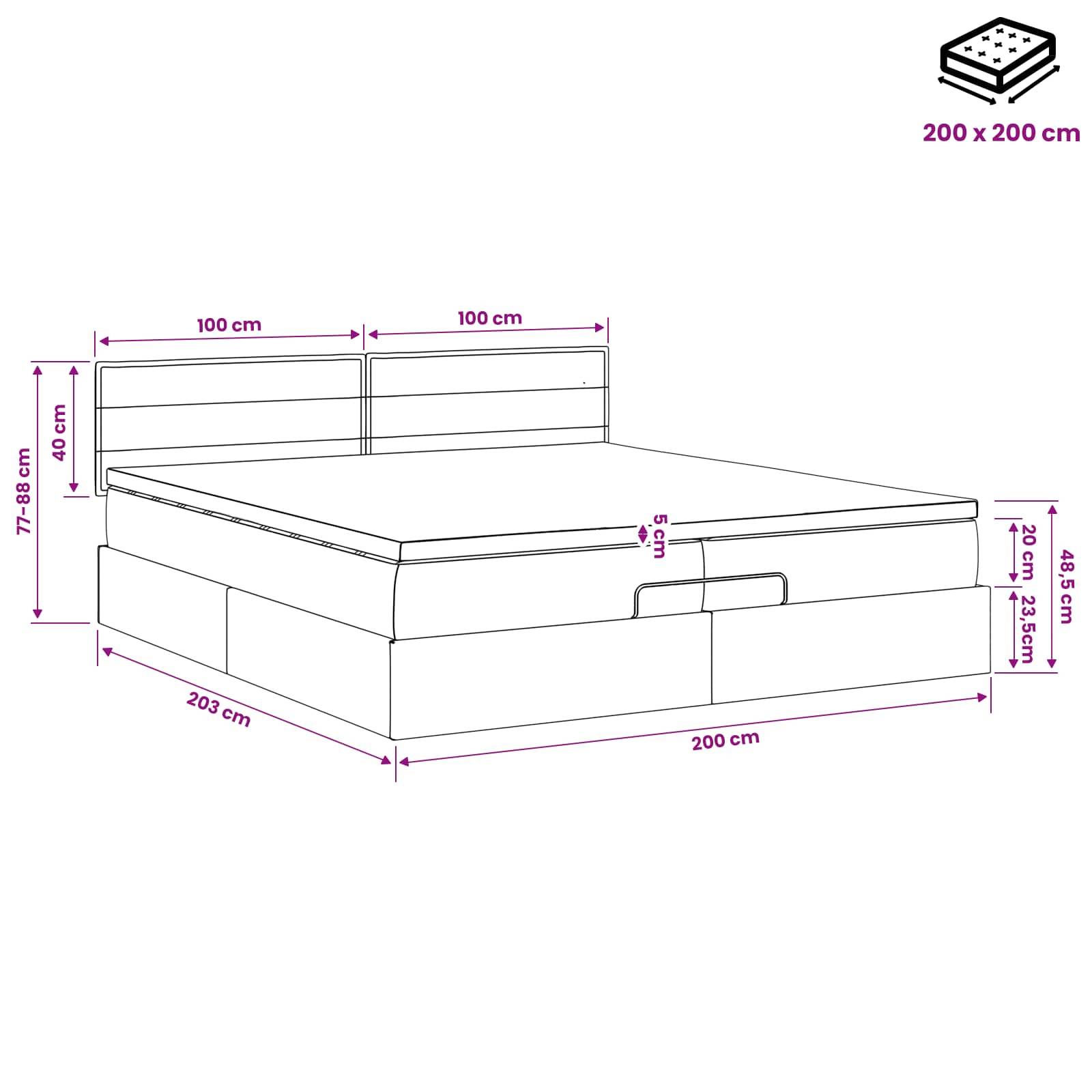 Diagramm eines 200 x 200 cm Bettes mit gepolstertem Kopfteil; zeigt Abmessungen, einschließlich 203 cm Länge, 48,5 cm Fronthöhe und 77-88 cm Gesamthöhe.