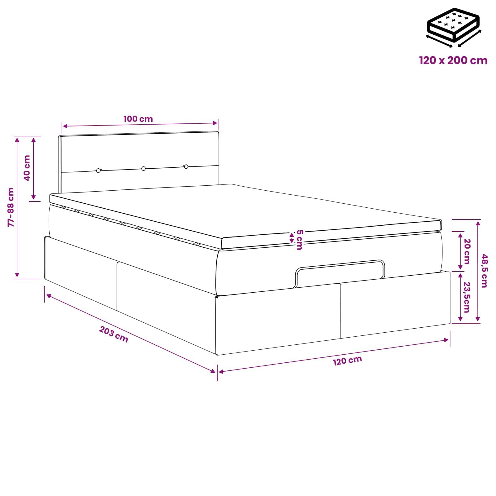 Diagramm eines Bettes mit Abmessungen: 120 x 200 cm Matratzenengröße, 100 cm Kopfteilbreite, 77-88 cm Kopfteilhöhe und 203 cm Bettlänge.