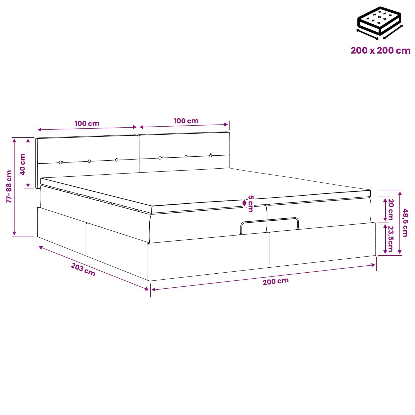 Beschriftetes Diagramm eines Doppelbetts mit gepolstertem Kopfteil und Speicherbasis, das folgende Abmessungen zeigt: 200 x 200 cm Matratzenbereich, 203 cm Länge, 78–88 cm Kopfteillänge.