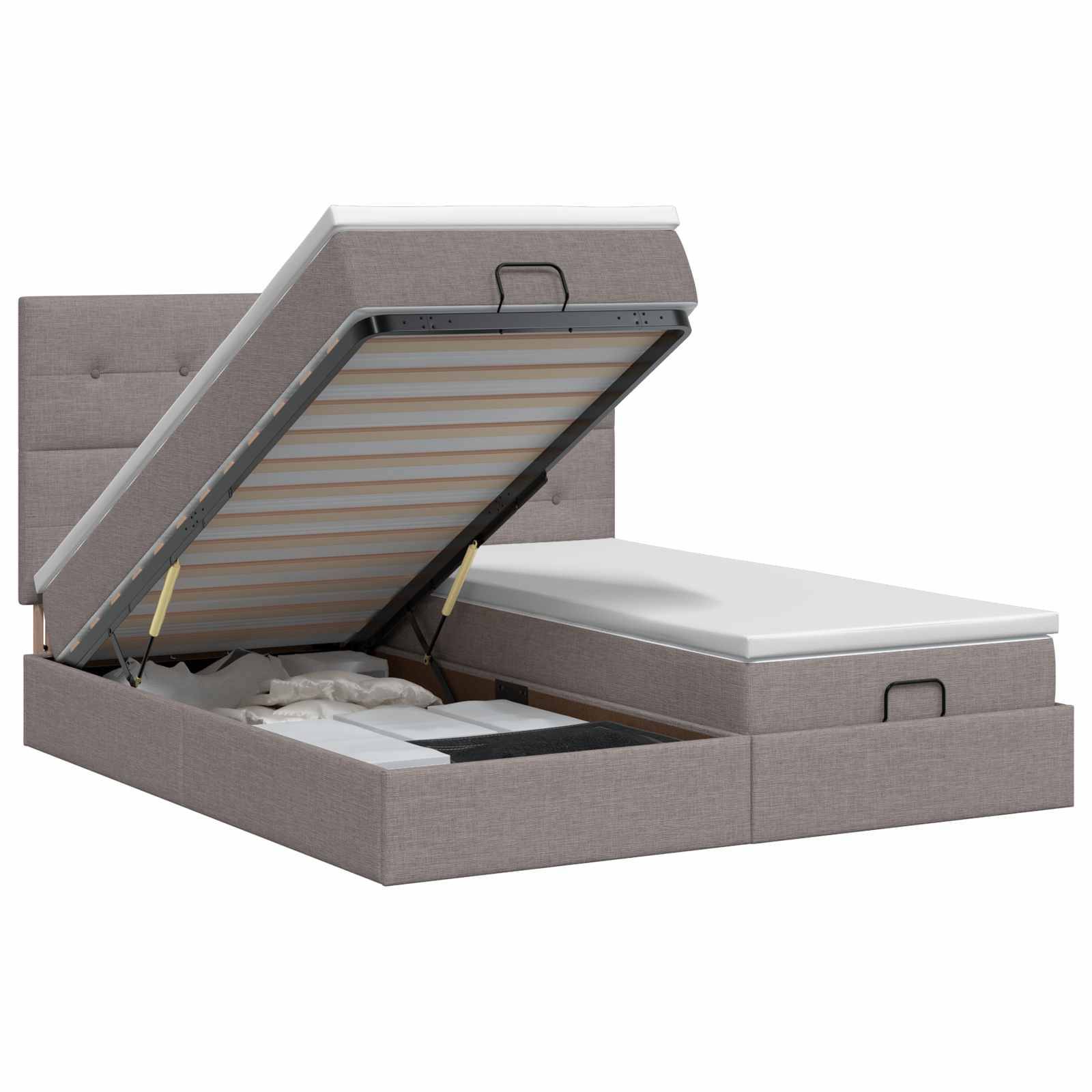 Grau gepolstertes Bett mit hochklappbarer Matratze, das darunter Stauraum offenbart, gezeigt mit geöffneter Matratze, Kopfteil und seitlichen Fächern.