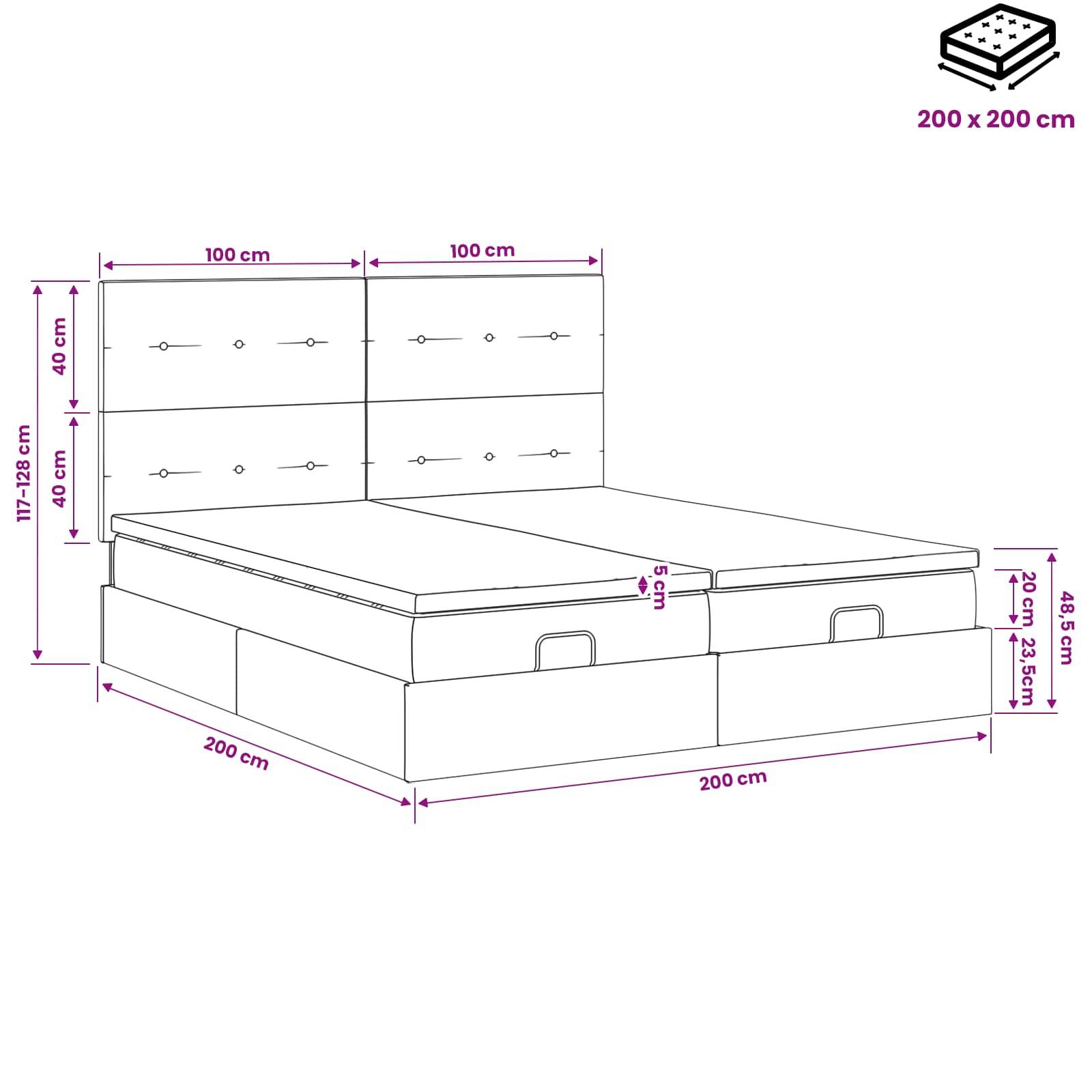 Diagramm eines 200 x 200 cm großen gepolsterten Bettes mit zwei Schubladen zur Lagerung, das die Kopfhöhe von 111-123 cm und die Matratzendicke von 5 cm zeigt.
