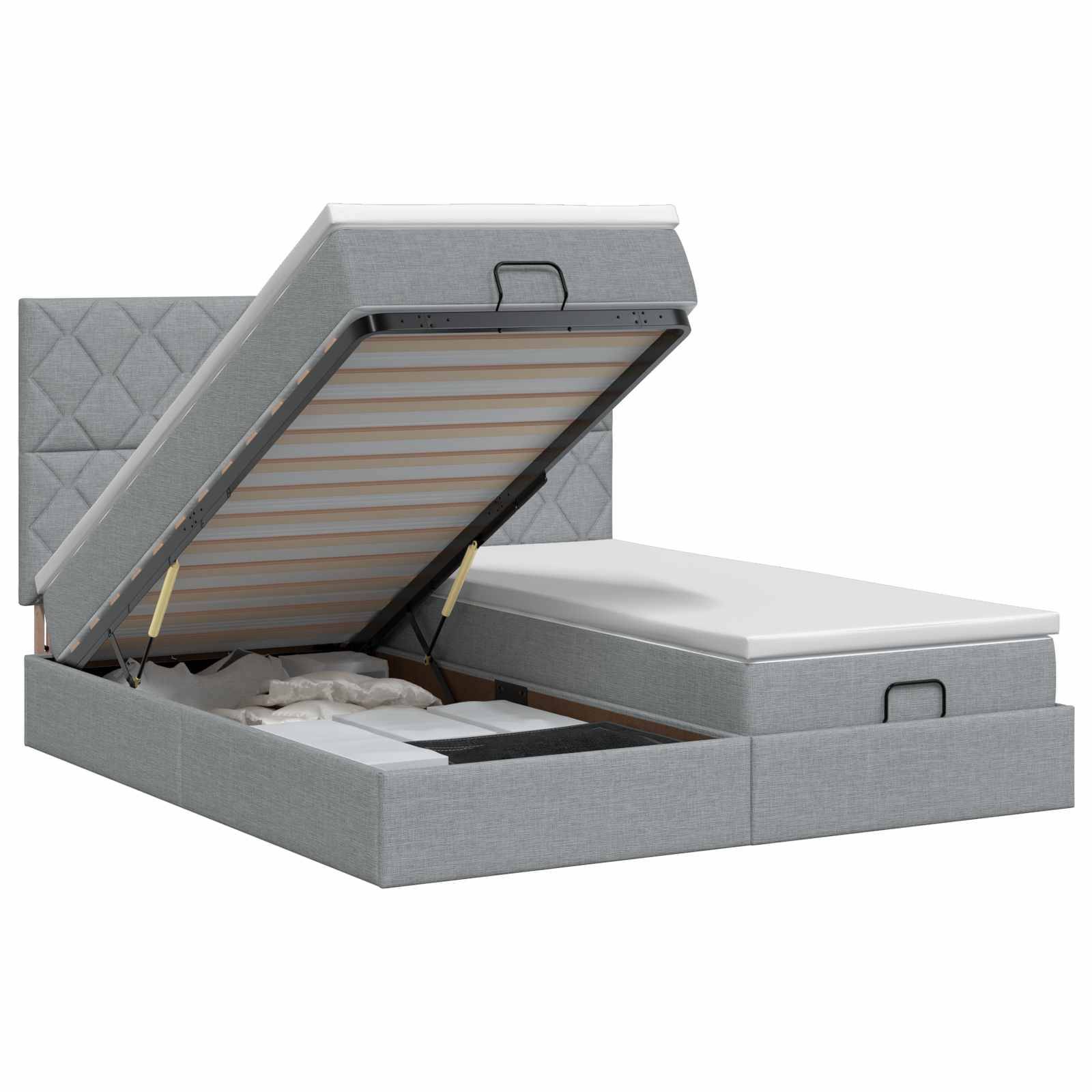 Graues gepolstertes Speicherbett mit hochklappbarem Matratzenrahmen, das einen Stauraum unter dem Bett freigibt, sowie passendem gestepptem Kopfteil und Seitenbank.