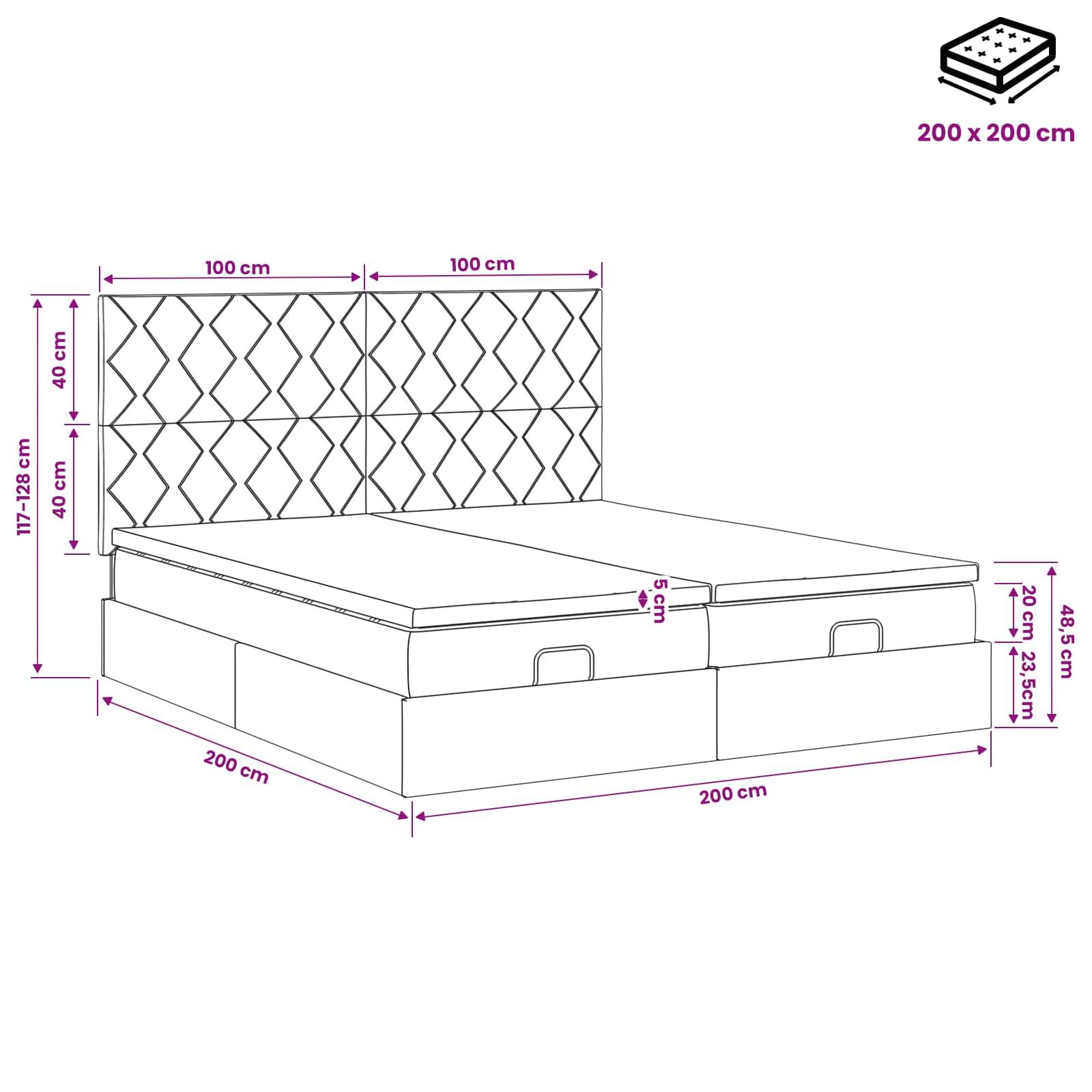 Kommentiertes Bettdiagramm mit einem 200 x 200 cm Bett mit geteilten Kopfteilelementen, Schubladen und Abmessungen: 117-128 cm hohe Kopfteile, 200 cm breit und 200 cm lang, 25-35 cm Bettenhöhe.