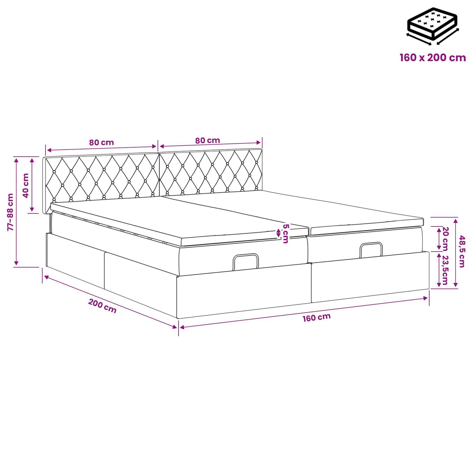 Maßstabszeichnung eines gesteppten gepolsterten Speicherbetts: 160 x 200 cm Matratze, 200 cm Länge, 160 cm Breite, 77–88 cm Kopfteufhöhe, 48,5 cm Bettrahmen.