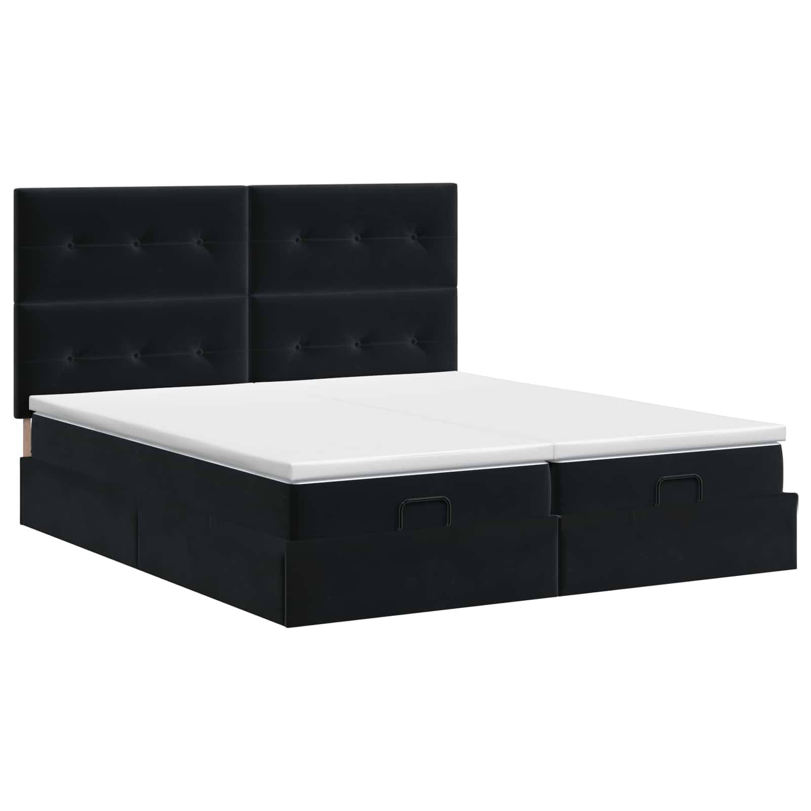 Schwarzes gepolstertes Bett mit Stauraum, gestepptem Kopfteil und zwei vorderen Schubladen, gezeigt mit einer weißen Matratze auf einem neutralen Hintergrund.