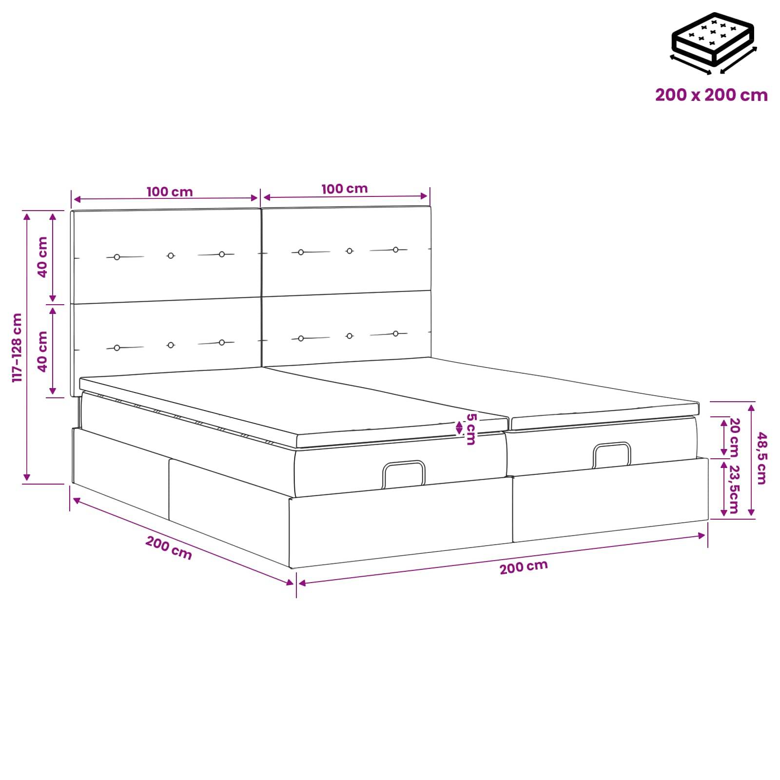 Diagramm eines 200 x 200 cm gepolsterten Betts mit geteiltem Kopfteil, Schubladen und Maßangaben für Kopfteil, Rahmen und Höhe.