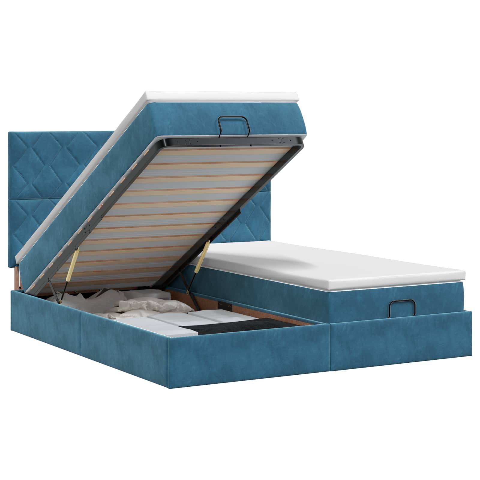 Blaues gepolstertes Bett mit Gasdruckfeder und hochgeklappter Matratze, um das verborgene Stauraum darunter zu zeigen.