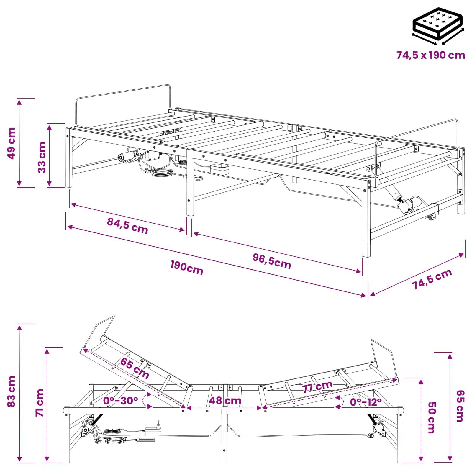 vidaXL Elektrisch verstellbares Bettgestell Weiß 75 x 190 cm Stahl