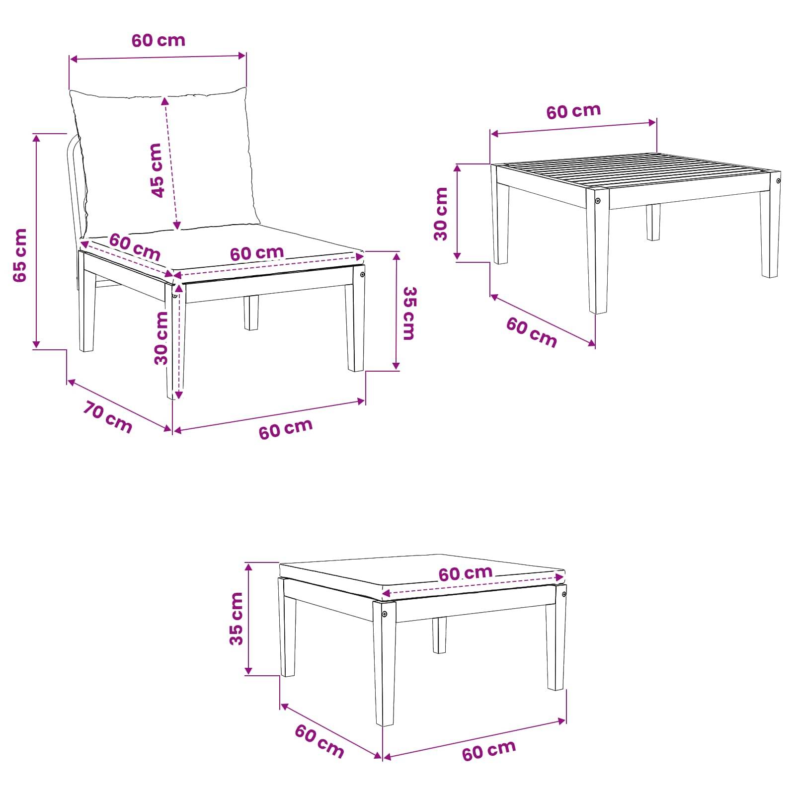 vidaXL 3 pcs Garten Lounge Set mit Kissen Massives Akazienholz & Seil