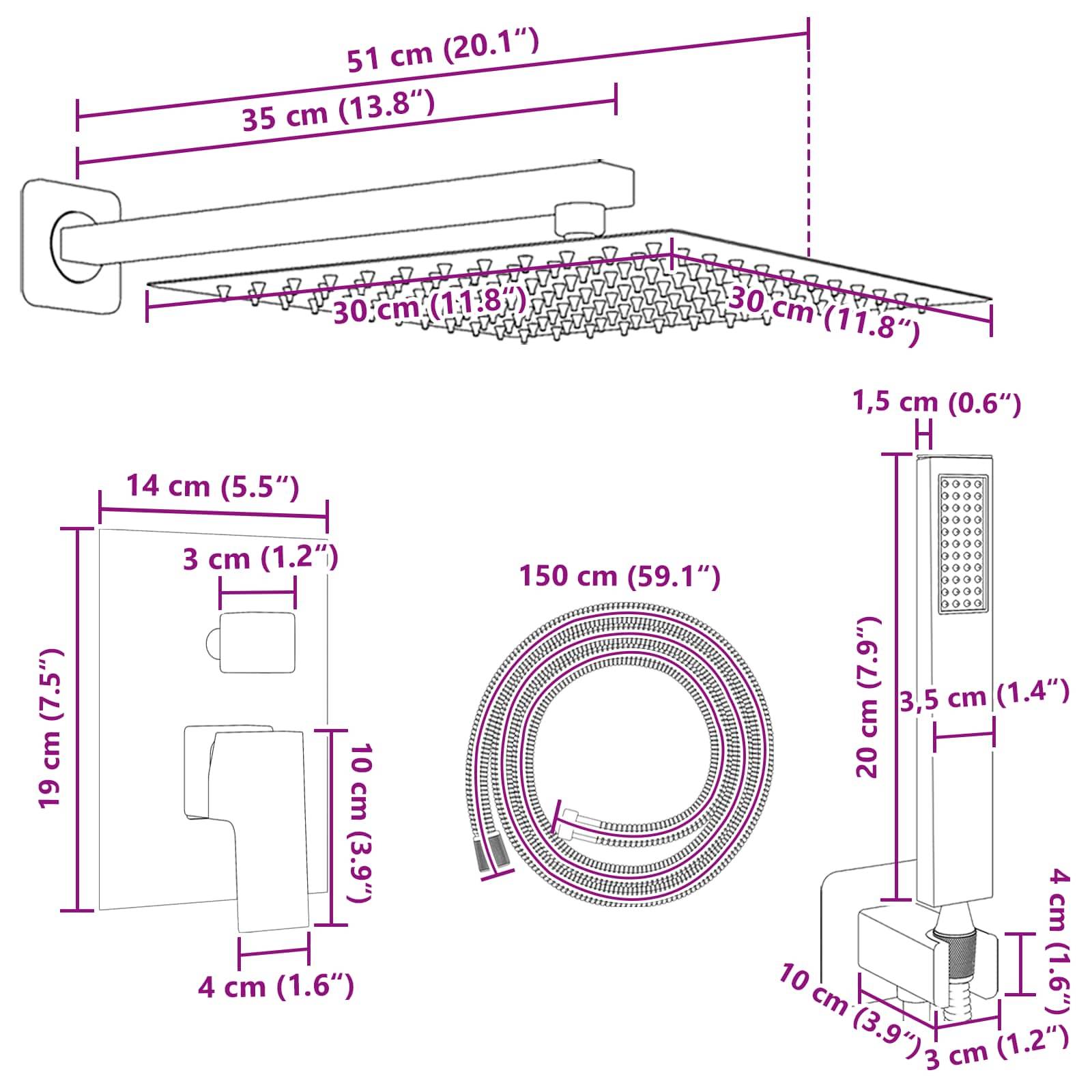 vidaXL Verborgenes Duschsystem (Quadrat) Schwarz Edelstahl 201