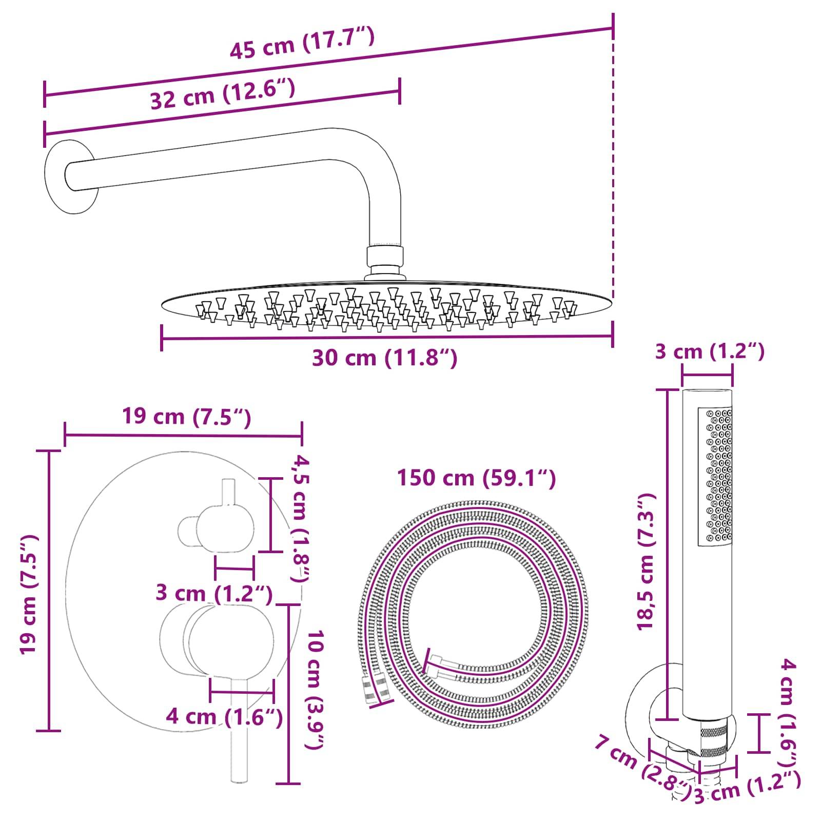 vidaXL Verdecktes Duschsystem (Rund) Silber Edelstahl 201