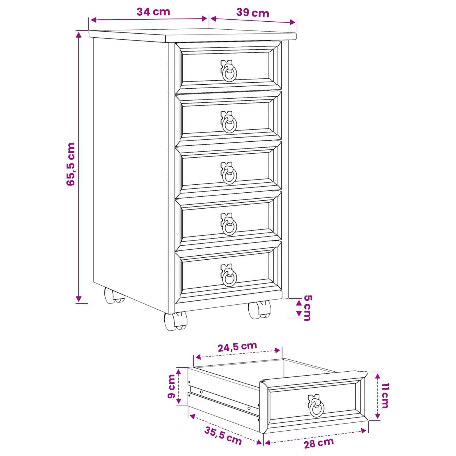 vidaXL Rollcontainer mit Schubladen CORONA Honigbraun