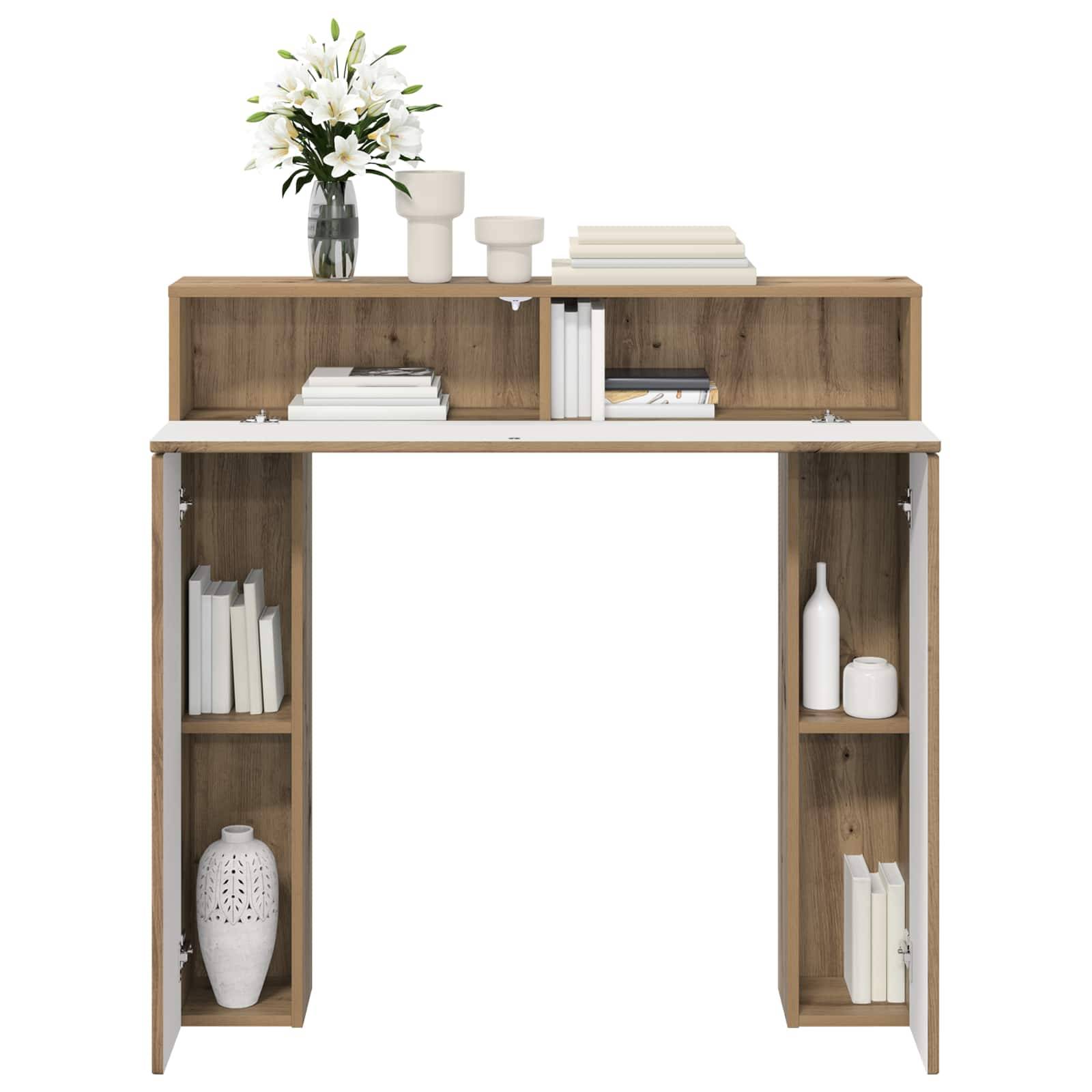 Holztisch mit eingebauten Regalen auf beiden Seiten und oben, auf dem Bücher, Vasen und eine Blumengestaltung stehen.
