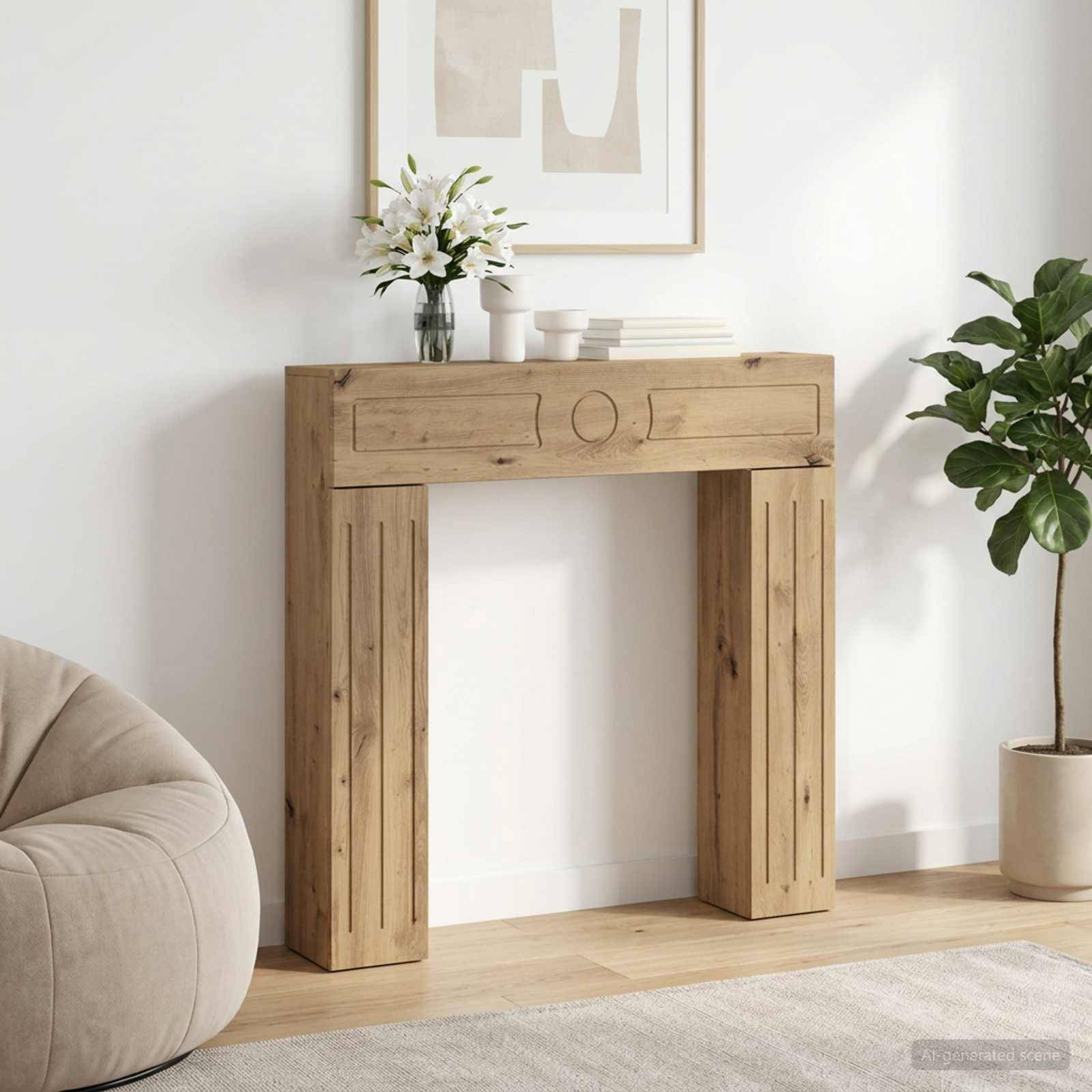Helle Holz-Dekorativverkleidung für Kamin mit Kaminsims, gezeigt in einem minimalistischen Wohnzimmer neben einer Topfpflanze und einem Beige-Sessel.