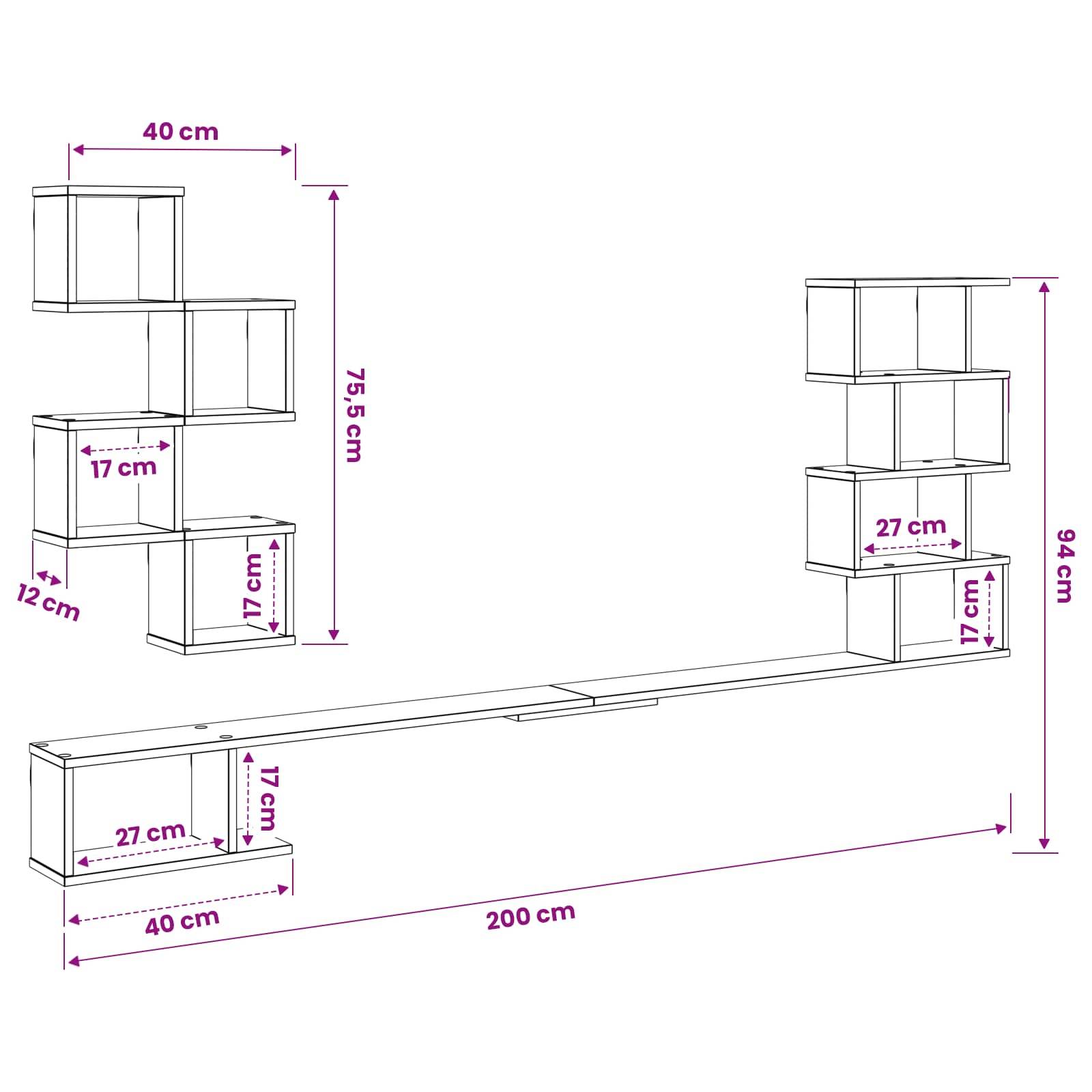 vidaXL Wandmontiertes TV-Regal Weiß 200 x 15 x 94 cm Holzwerkstoff
