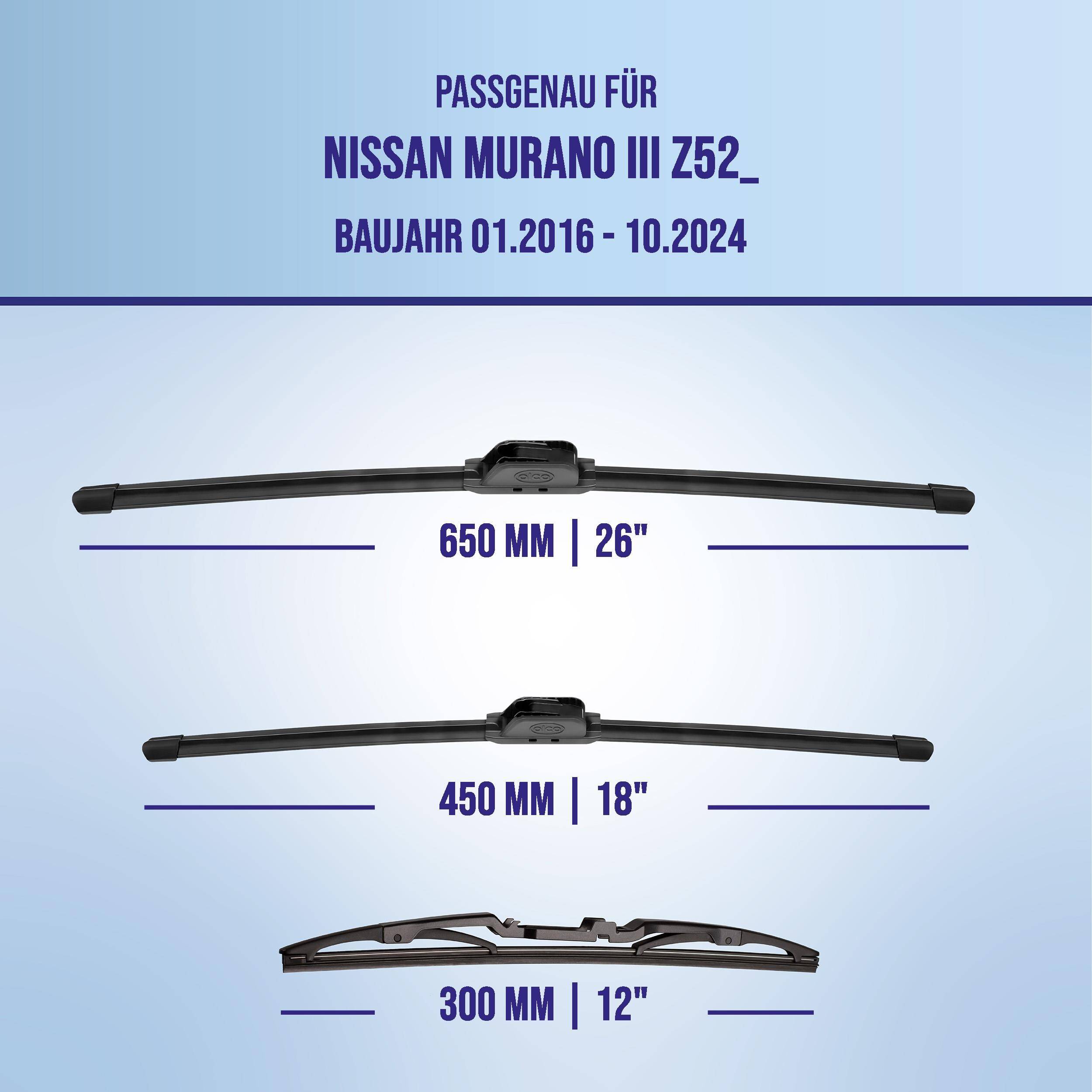 Passformführer für Nissan Murano III Z52, Modelljahre 01.2016-10.2024, zeigt Wischblattgrößen: 650 mm, 450 mm und 300 mm.