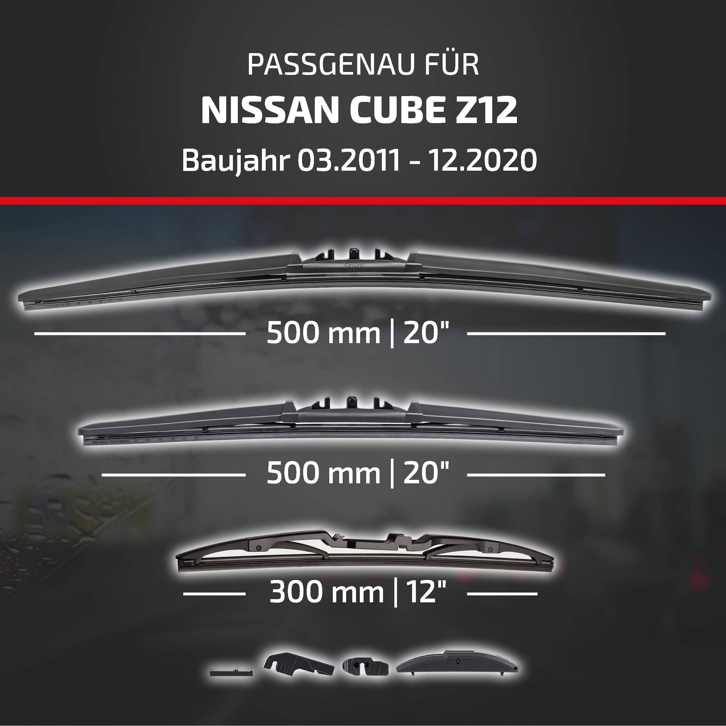 Scheibenwischer-Passführer für Nissan Cube Z12, Modelljahre 03.2011-12.2020, mit Blattgrößen 500 mm (20