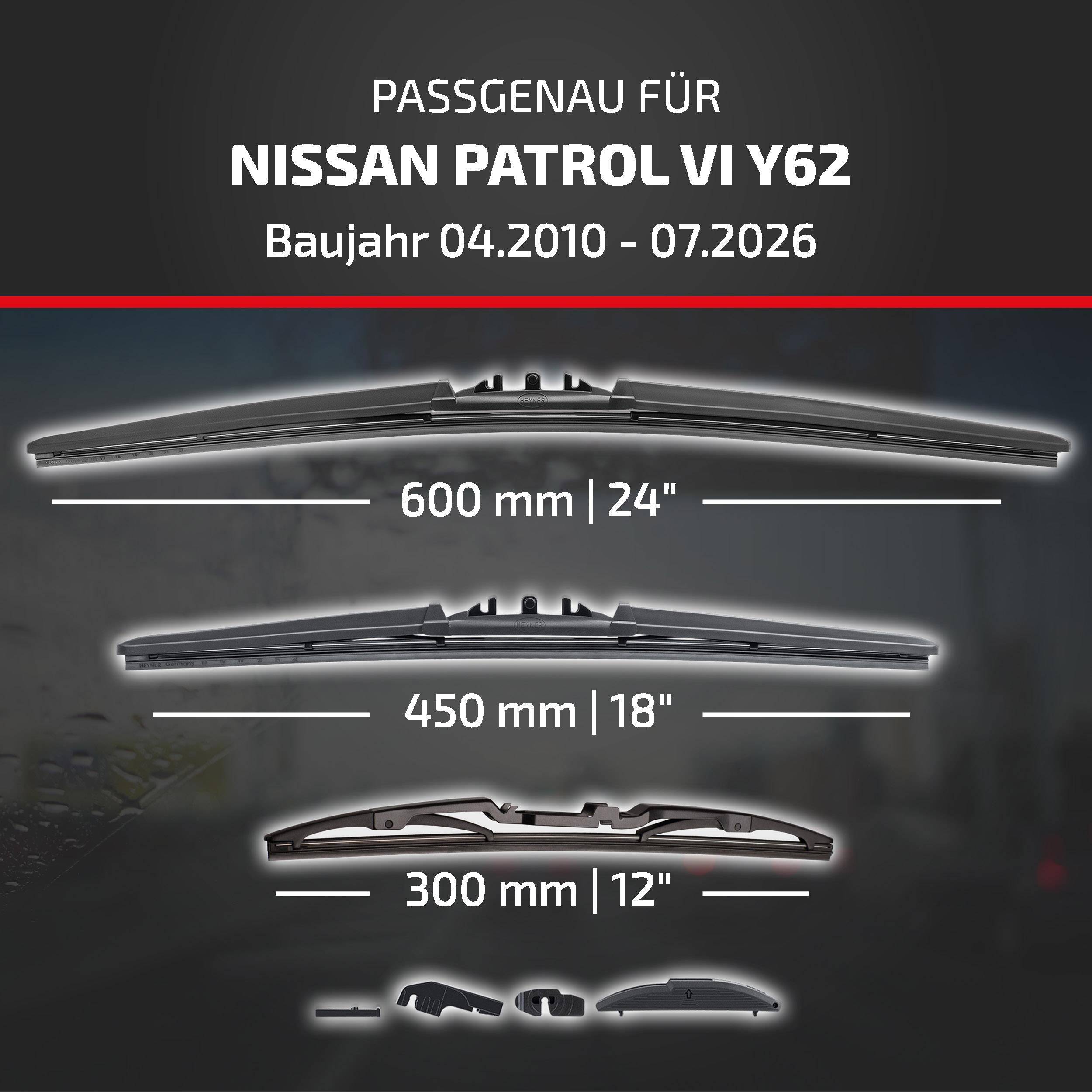 Wischerblatt-Kompatibilitätstabelle für Nissan Patrol VI Y62, Modelljahre 04.2010-07.2026, zeigt Größen 600 mm/24