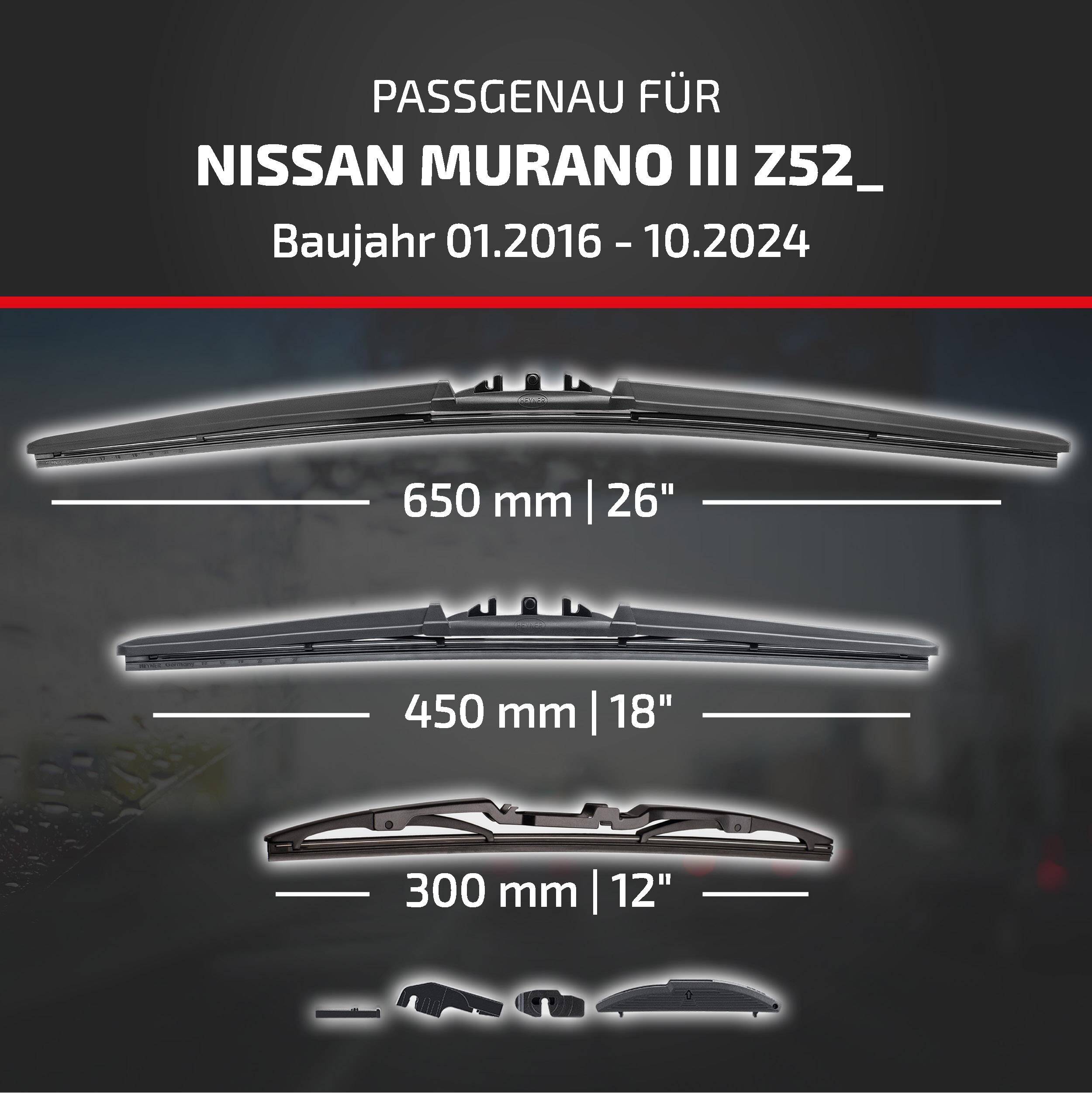 HEYNER® Scheibenwischer Komplettset für NISSAN MURANO III 01.2016 - 10.2024, HYBRID Flachbalkenwischer,