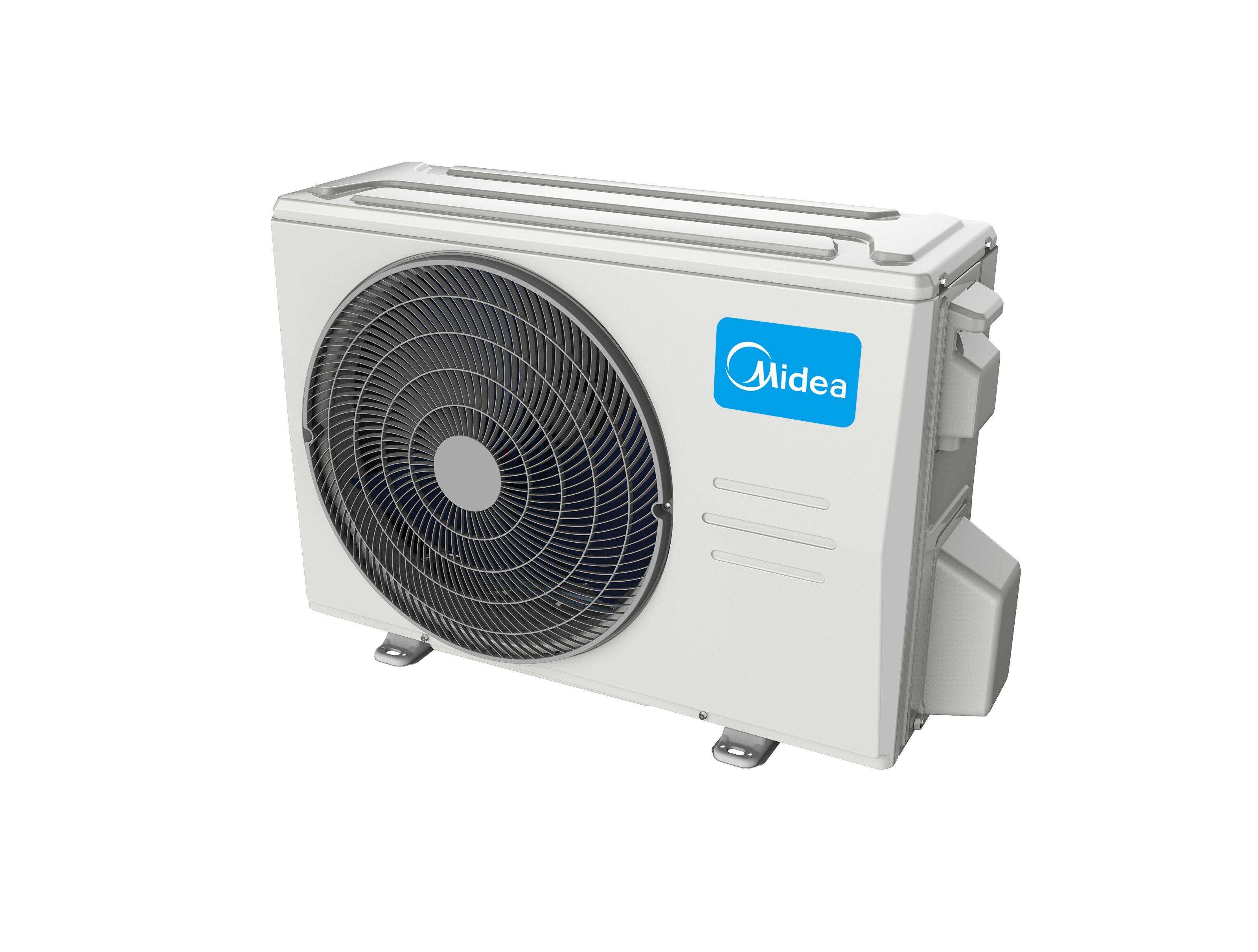 Midea Außenluftklimaanlage mit großem frontalem Ventilator und seitlich angebrachten Komponenten auf weißem Hintergrund.
