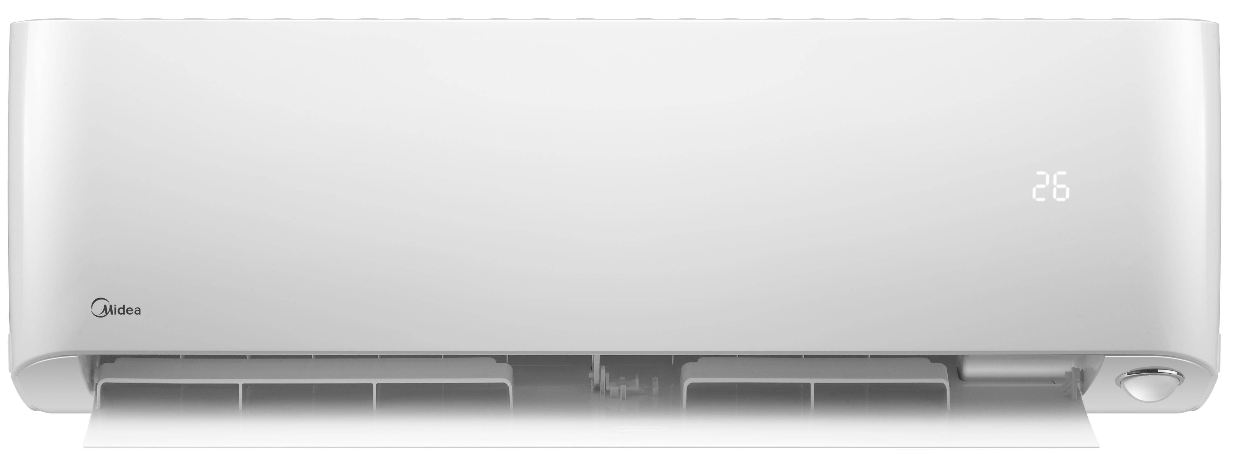 Wandmontierte Midea-Klimaanlage, weiß, mit kleinem digitalem Display auf der rechten Seite, das 26 anzeigt.