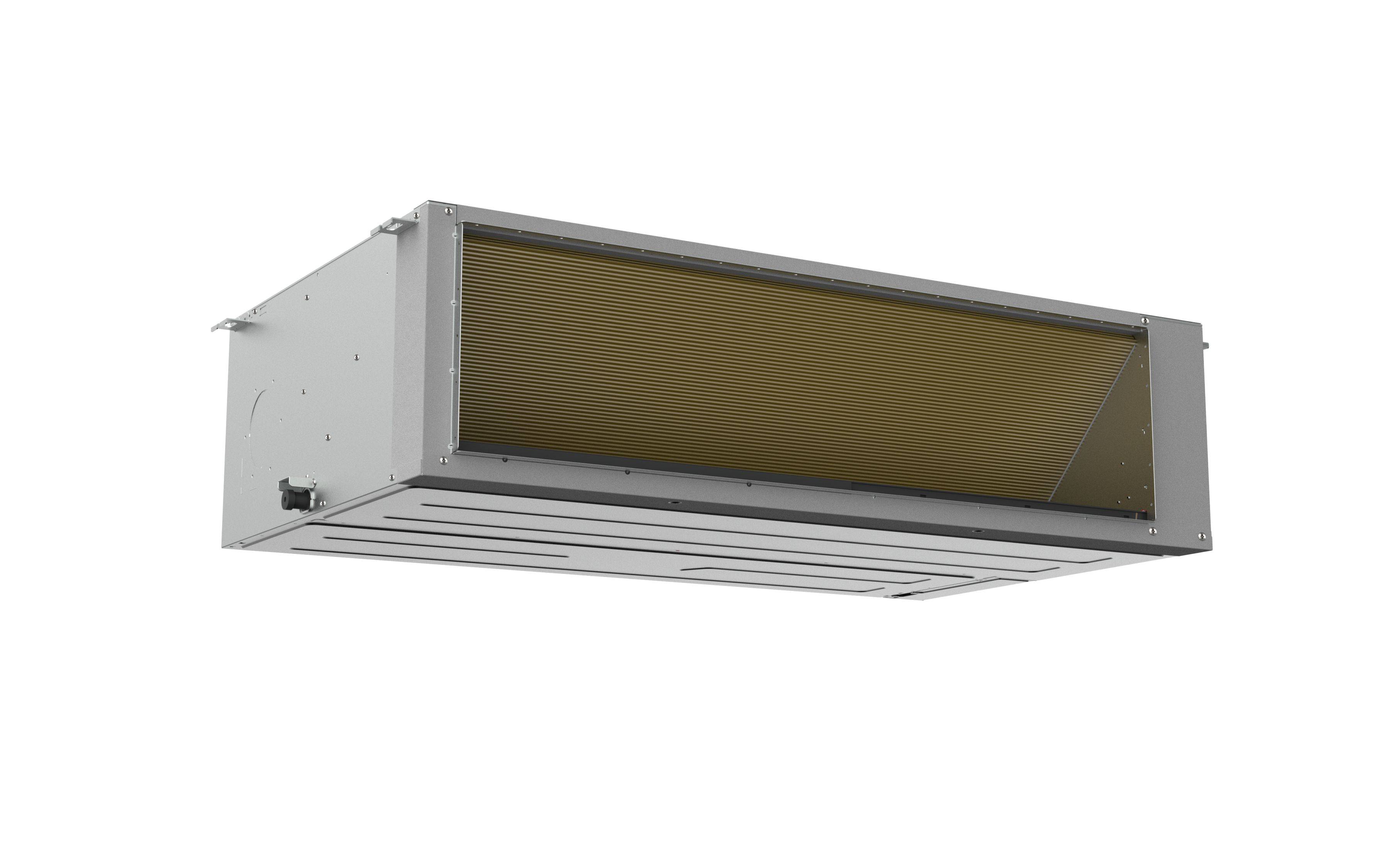 Rechteckige Metall-HVAC-Kanal- oder Lüftungsöffnung, perspektivisch auf weißem Hintergrund dargestellt.