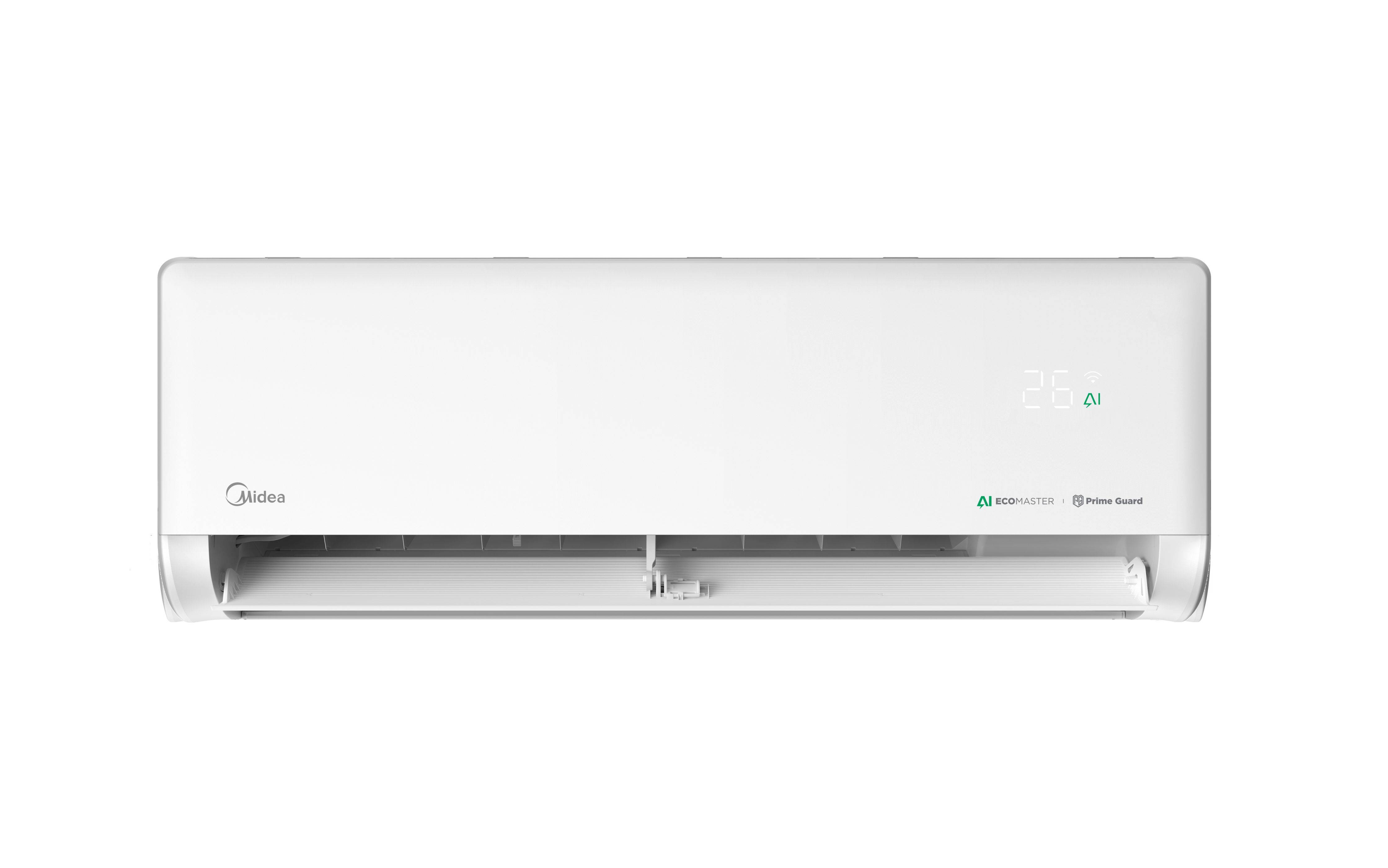 Weiße wandmontierte Midea-Klimaanlage mit digitaler Anzeige auf der rechten Seite, Frontansicht auf einfachem Hintergrund gezeigt.
