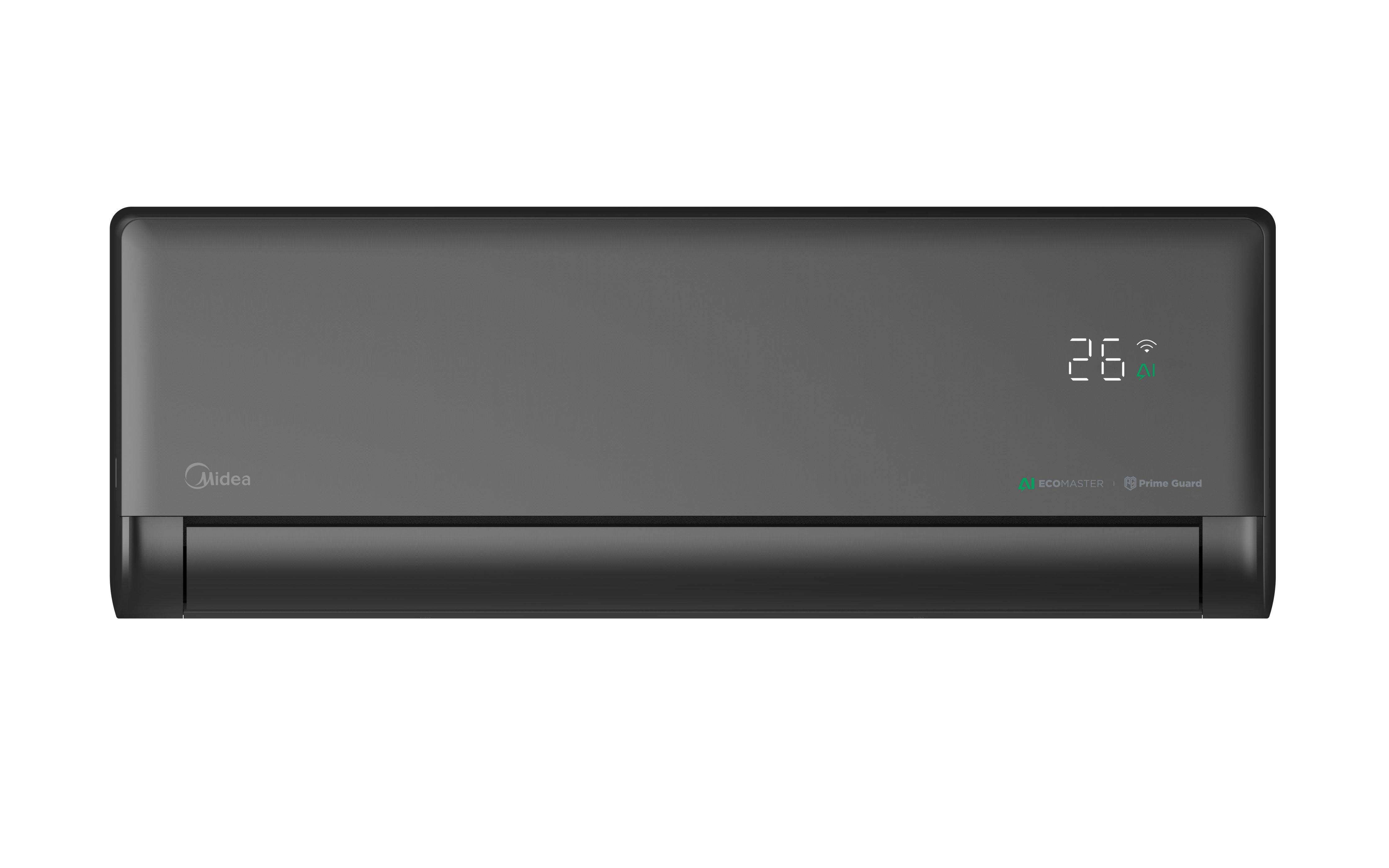 Schwarze wandmontierte Midea-Klimaanlage von vorne gezeigt mit digitaler Anzeige, die auf der rechten Seite 25°C anzeigt.