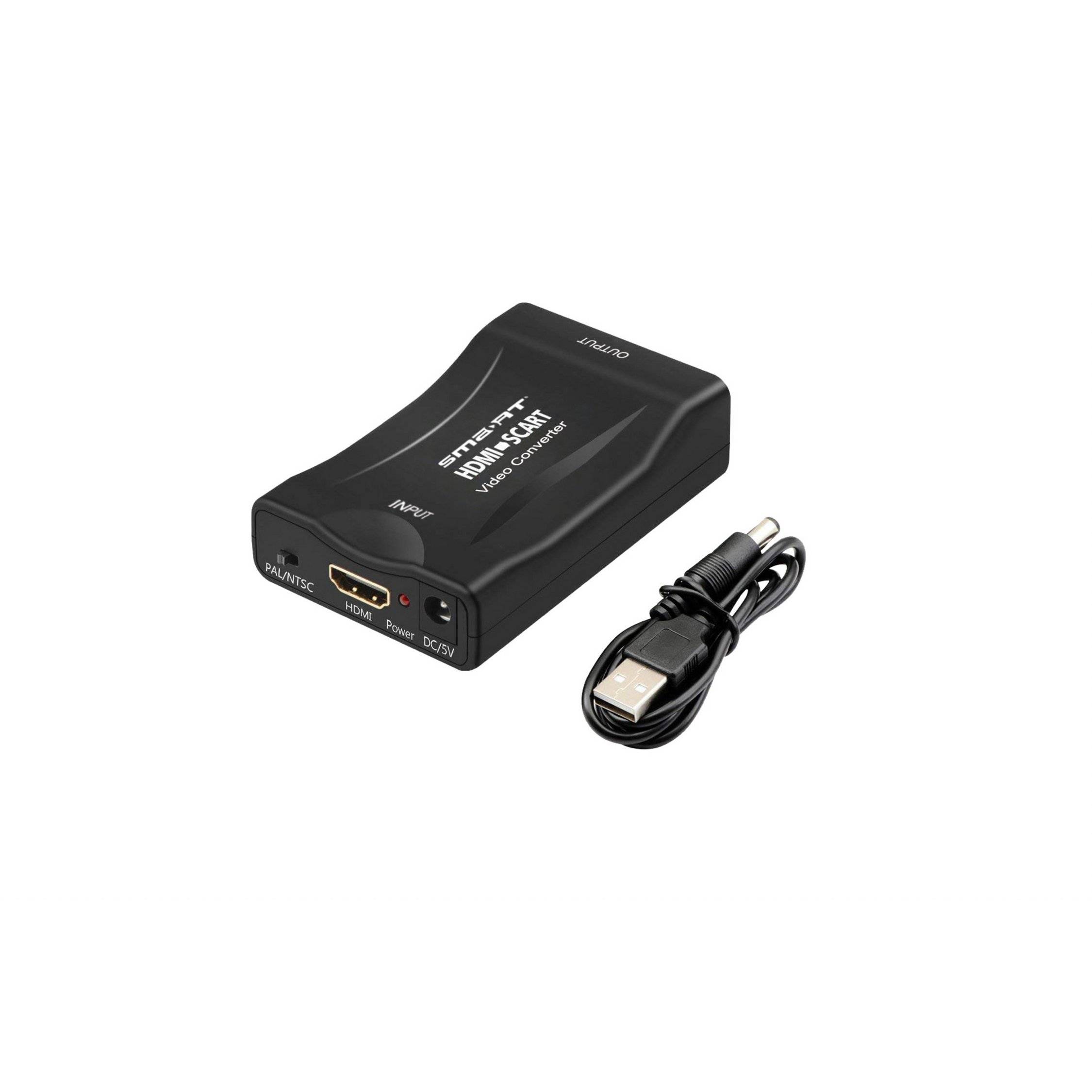 Schwarzes HDMI-Videoaufnahmegerät mit USB-Kabel, das HDMI-Ein-/Ausgänge und Stromanschlüsse auf weißem Hintergrund zeigt.