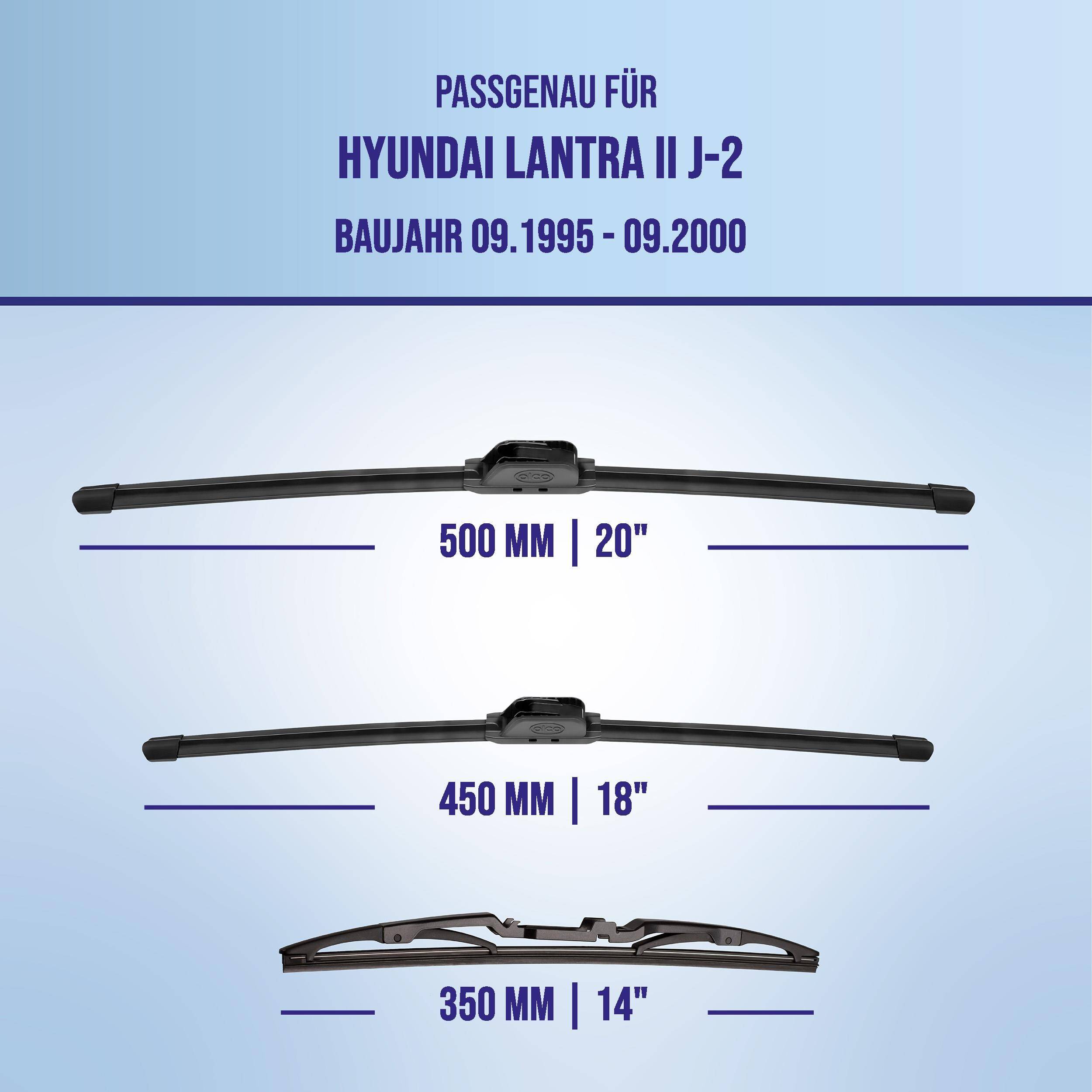 Kompatibilitätsdiagramm für Hyundai Lantra II J-2 (09.1995-09.2000) mit Wischerblattgrößen: 500 mm 20, 450 mm 18 und 350 mm 14.