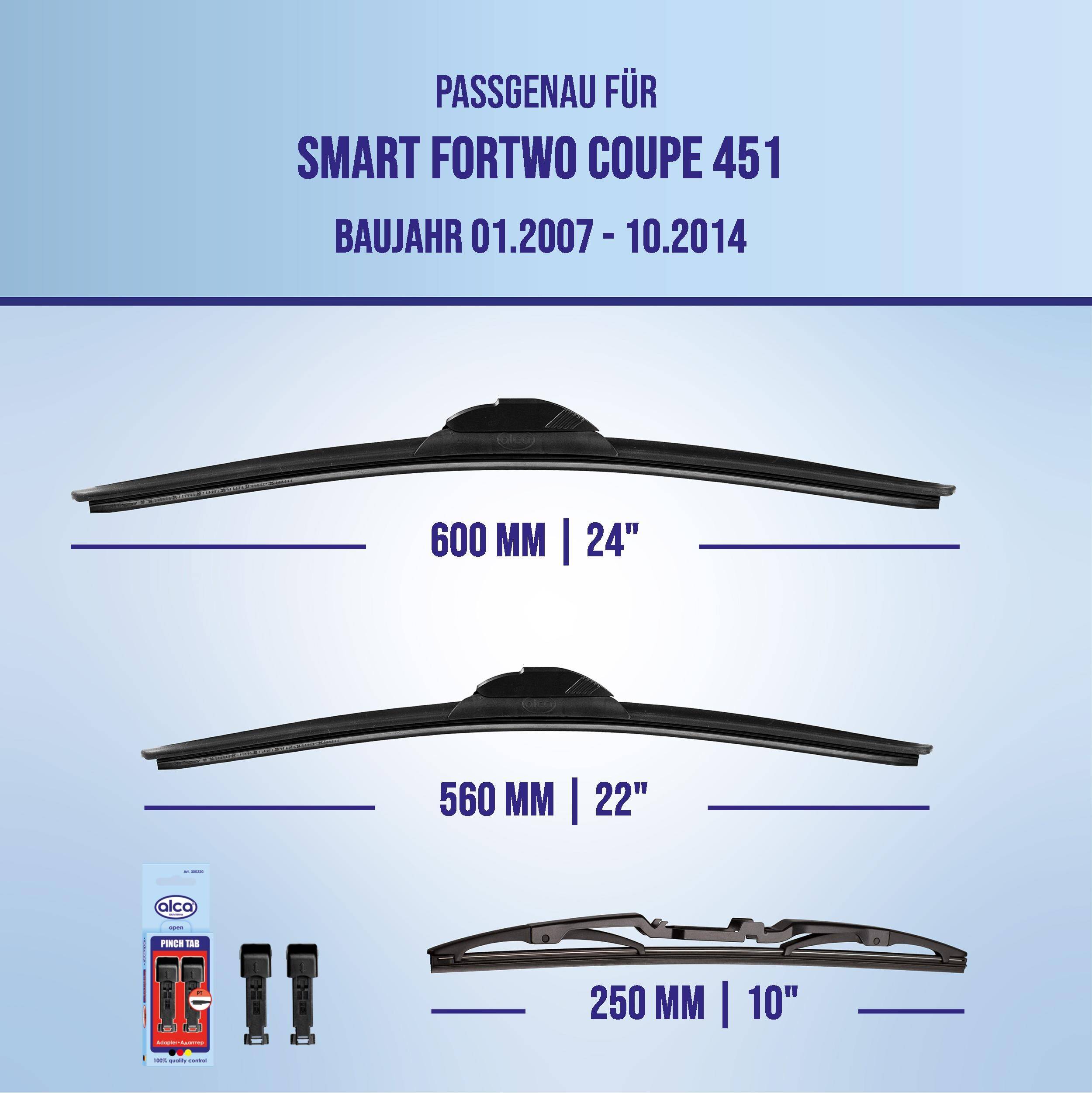 Kompatibilitätstabelle für Smart Fortwo Coupé 451, Modelljahre 01.2007-10.2014, mit drei Wischergröße: 600 mm/24