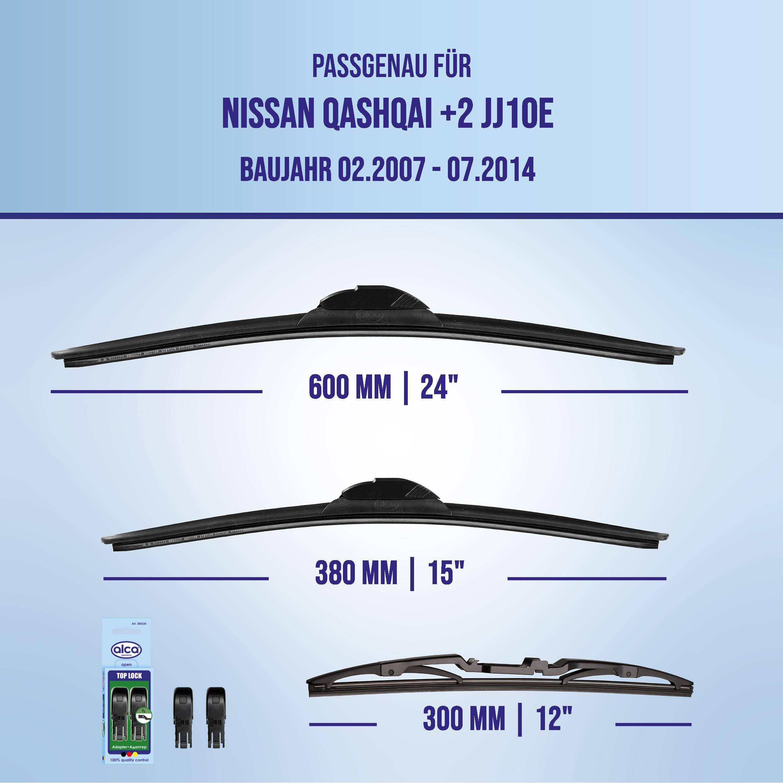 Produktbild mit Wischblättern für Nissan Qashqai +2 J10E (2007-2014): 600 mm/24