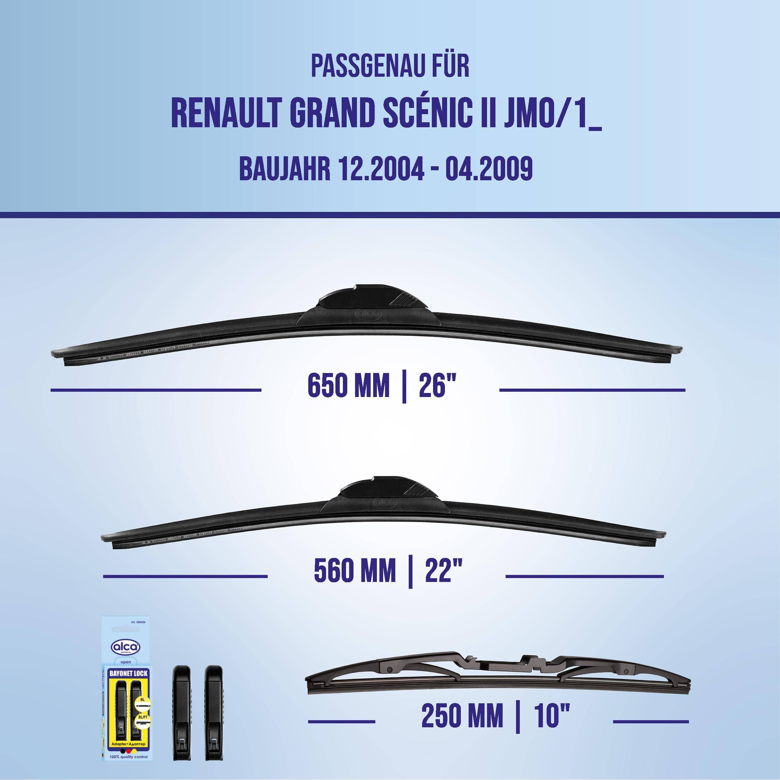 # Scheibenwischer-Leitfaden für Renault Grand Scenic II (2004-2009), mit drei Scheibenwischerlängen: 650 mm, 560 mm und 250 mm.