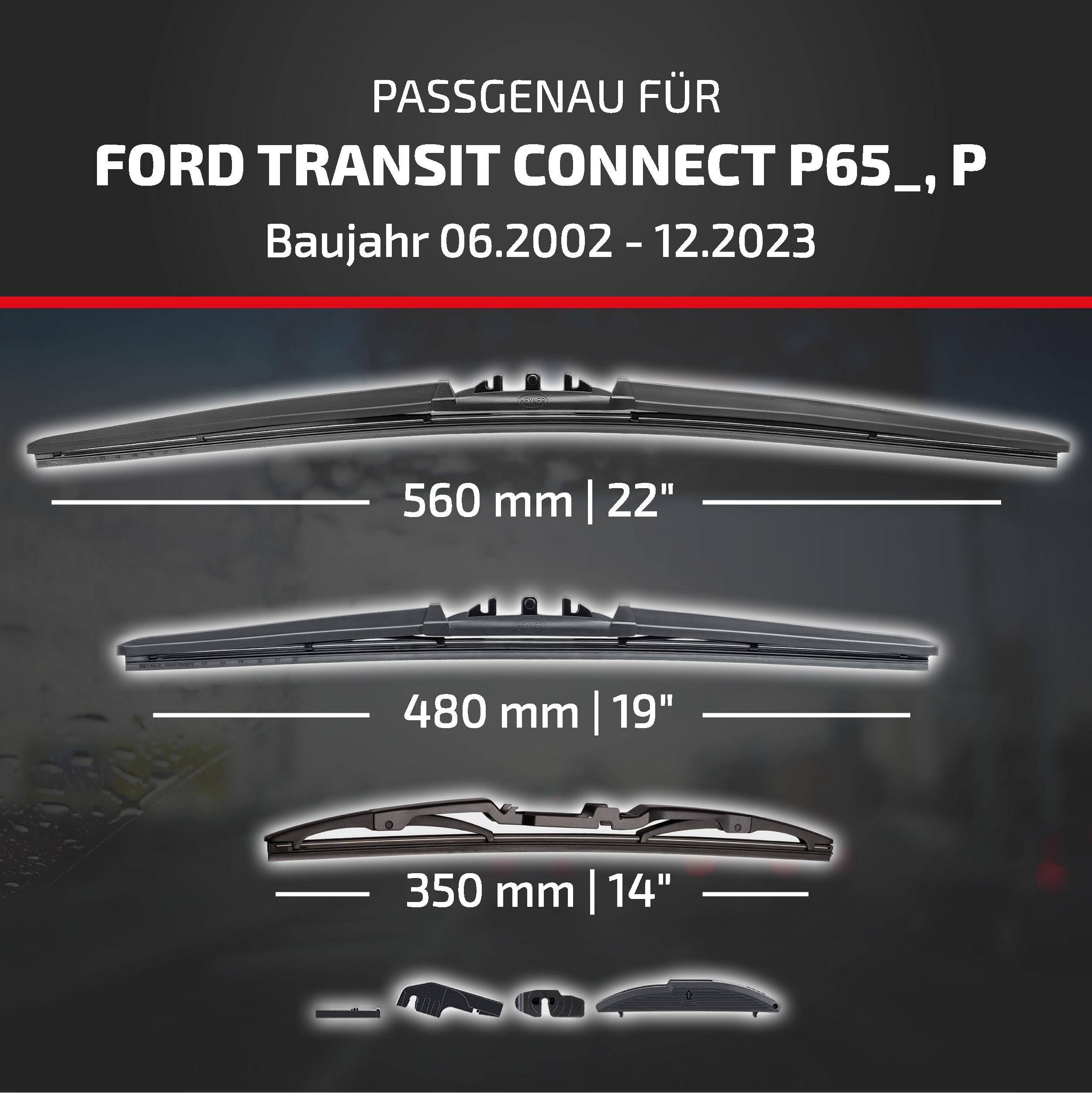 Scheibenwischer-Kompatibilitätstabelle für Ford Transit Connect P65, P, Modelljahre 06.2002-12.2023, mit Blattlängen 560 mm, 480 mm und 350 mm.
