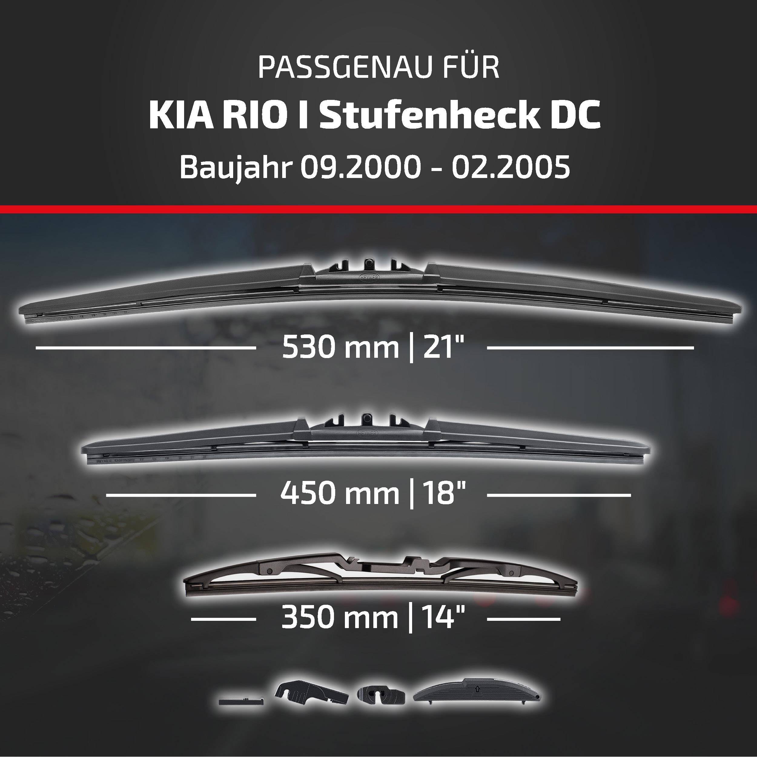 HEYNER® Scheibenwischer Komplettset für KIA RIO I Stufenheck (09.2000 - 02.2005) HYBRID Flachbalkenwischer