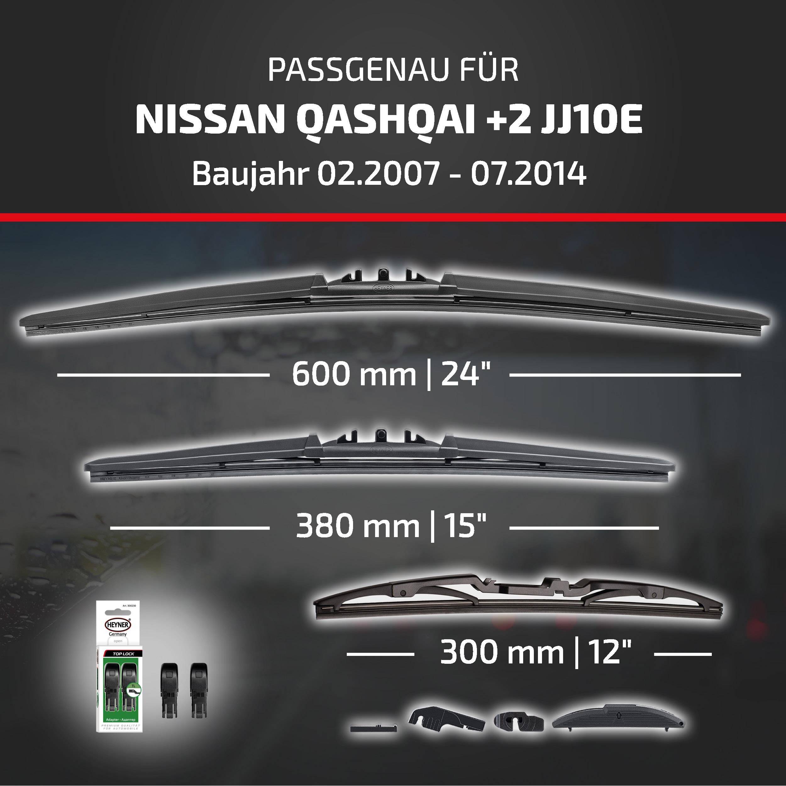 HEYNER® Scheibenwischer Komplettset für NISSAN QASHQAI +2 02.2007 - 07.2014, HYBRID Flachbalkenwischer,