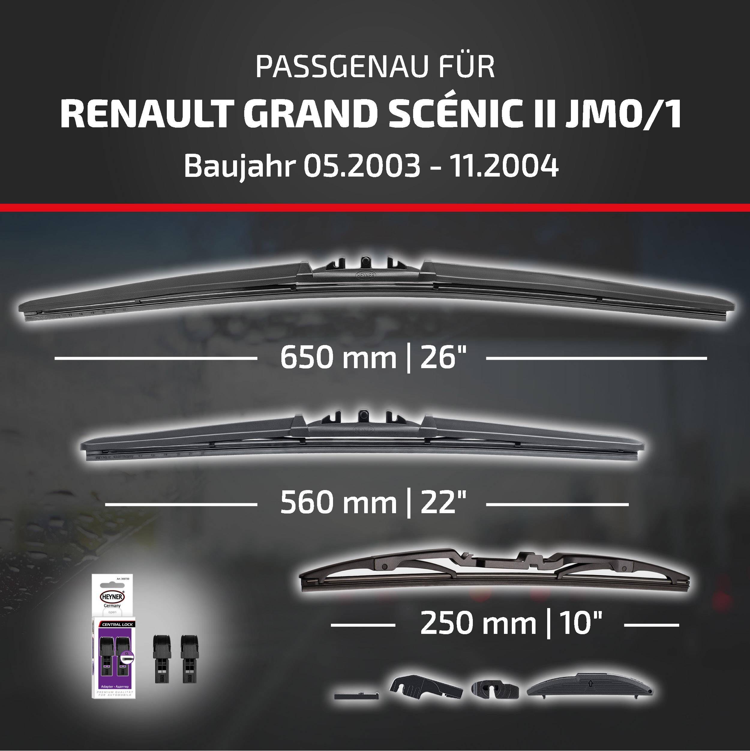 Einbauanleitung für Renault Grand Scénic II JM0/1, Modelljahre 05.2003–11.2004, mit Wischblattengrößen: 650 mm/26