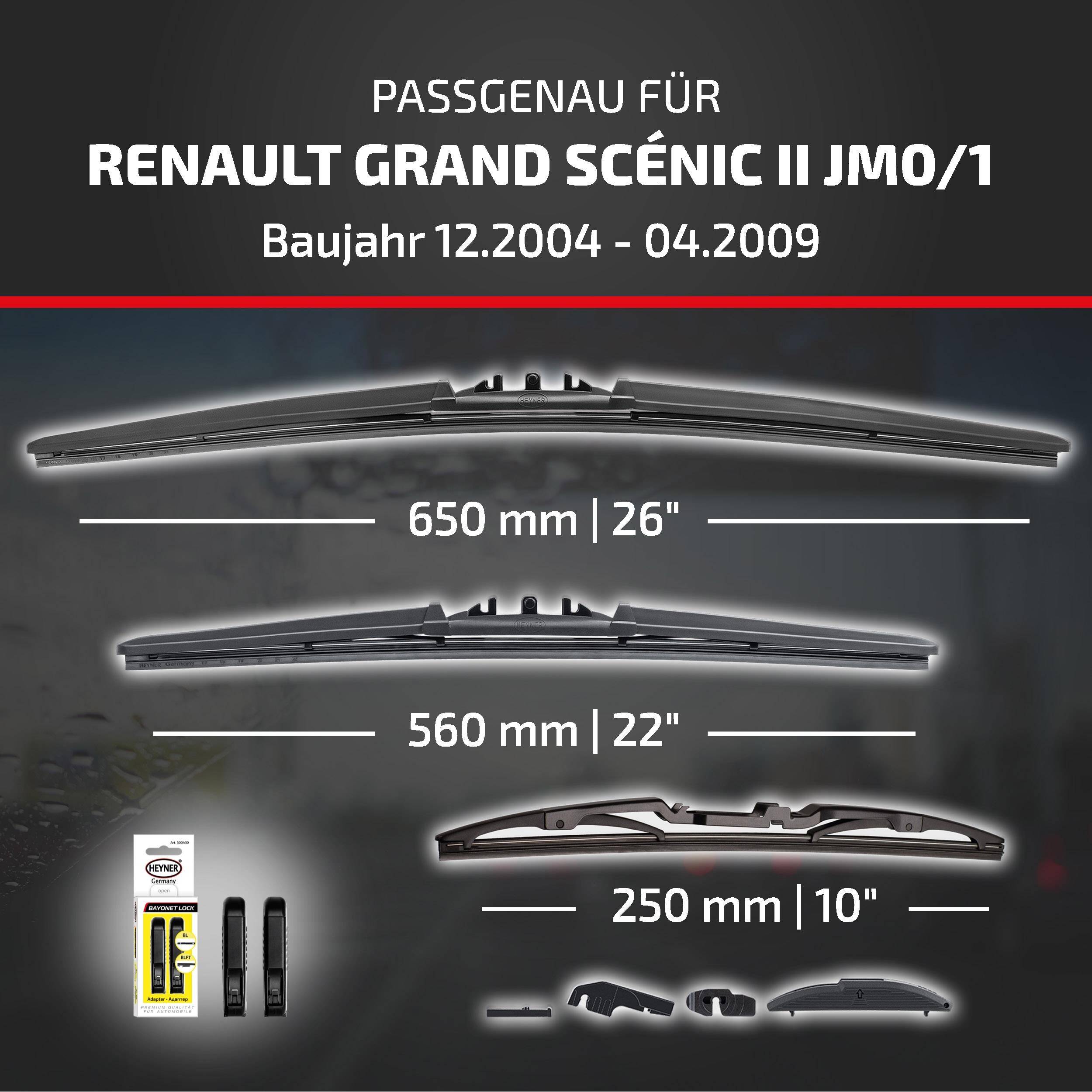 HEYNER® Scheibenwischer Komplettset für RENAULT GRAND SCÉNIC II 12.2004 - 04.2009, HYBRID Flachbalkenwischer,