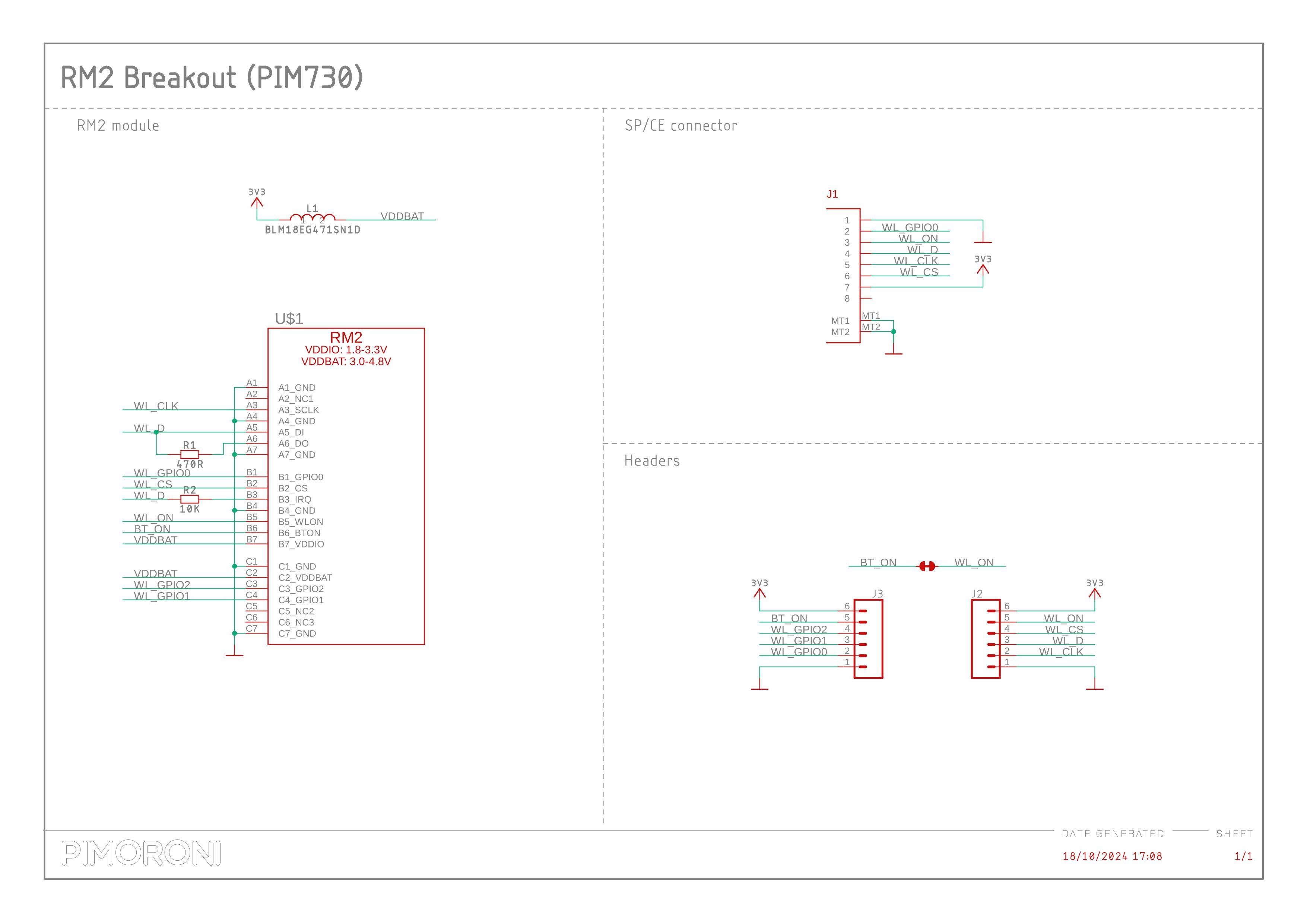 Pimoroni RM2 Breakout, CYW43439, WLAN, Bluetooth, SP/CE, RP2040/RP2350, 3-3,3V