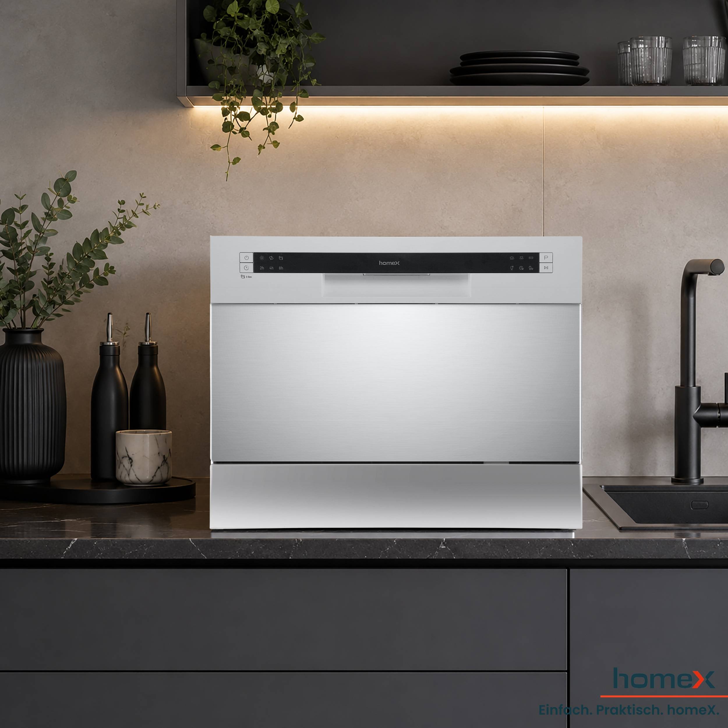 homeX GST6AD-S Tischgeschirrspüler, Mini Geschirrspüler - 6 Programme, Spülmaschine klein für 6 Maßgedecke, AquaStop