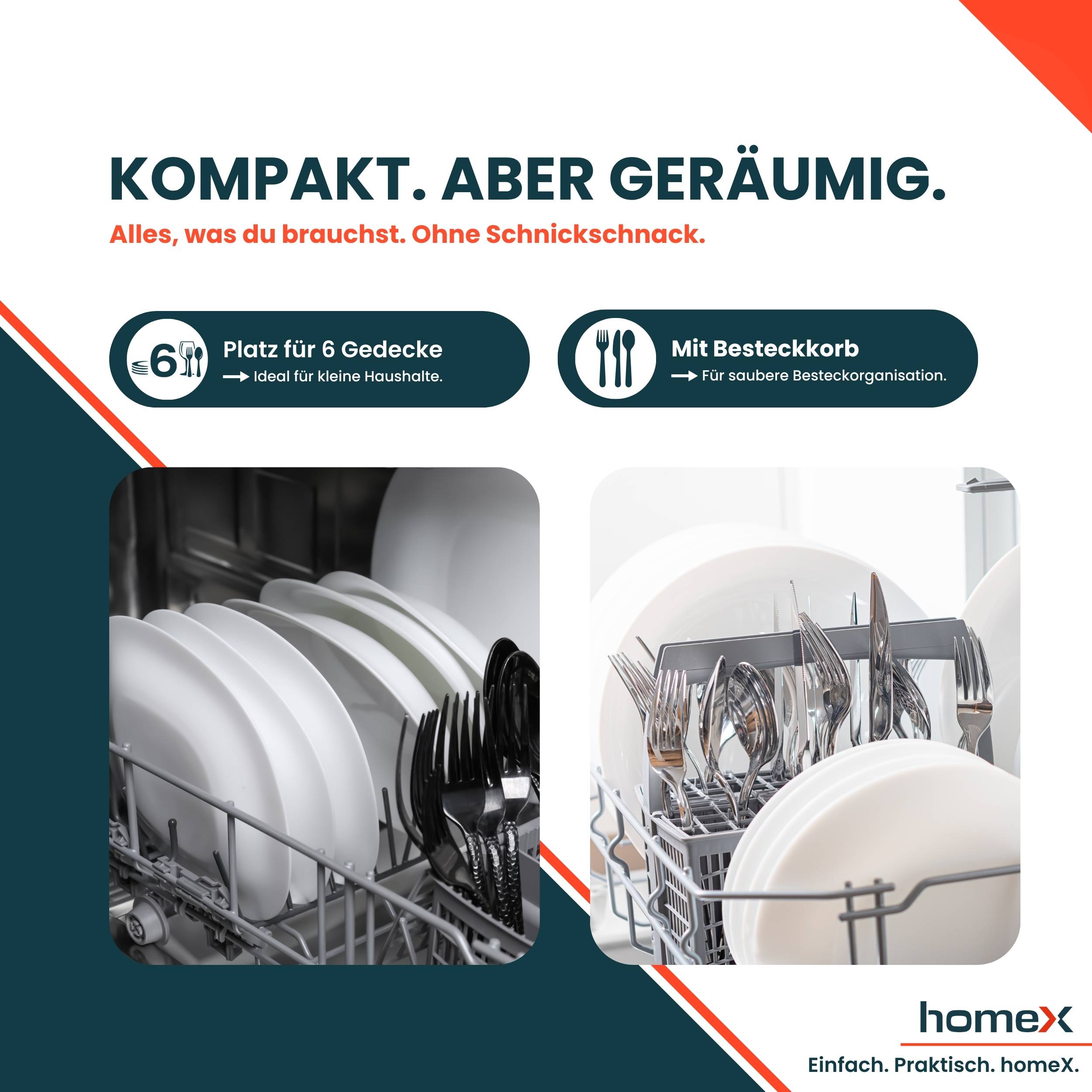 homeX GST6AD-W Tischgeschirrspüler, Mini Geschirrspüler - 6 Programme, Spülmaschine klein für 6 Maßgedecke, AquaStop
