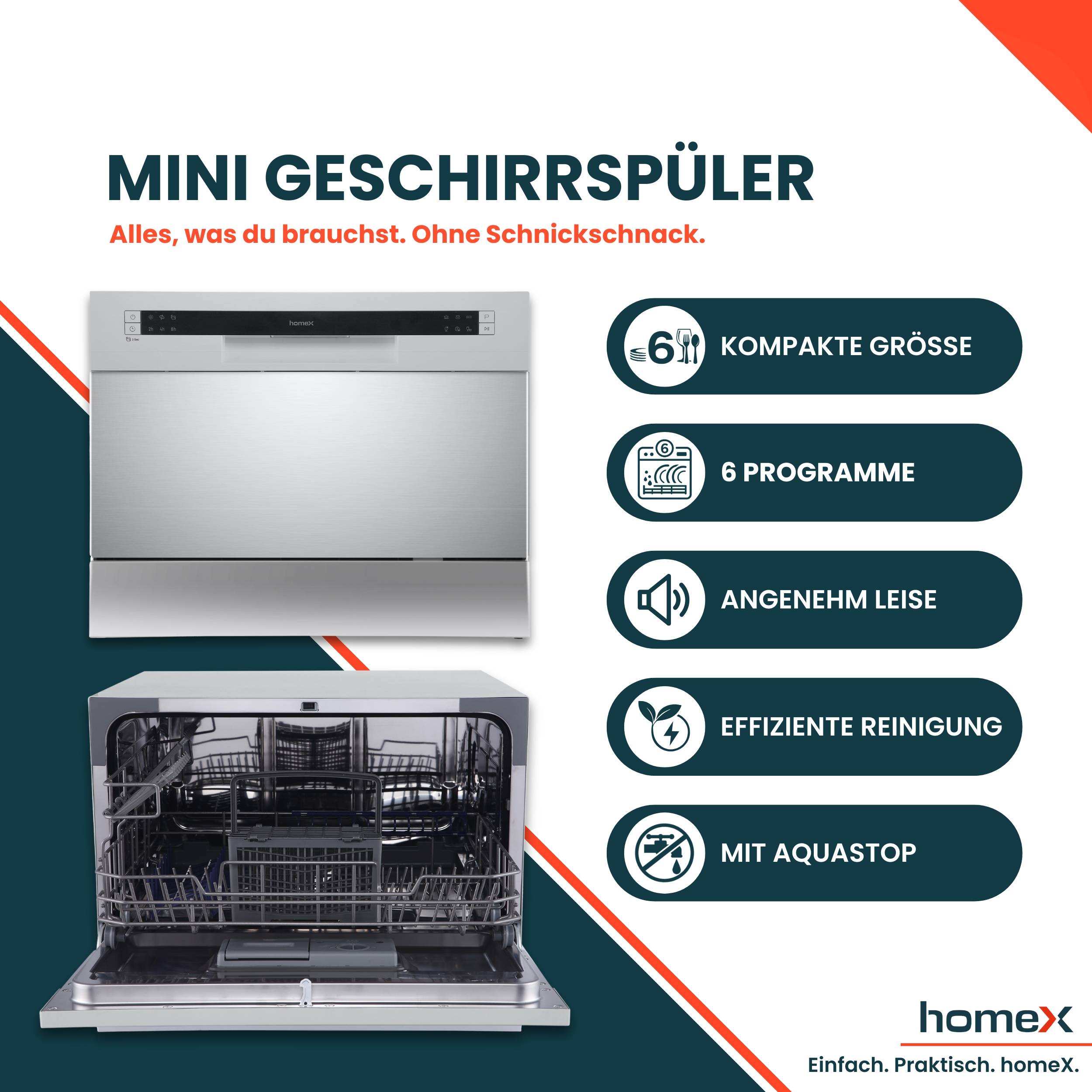 homeX GST6AD-S Tischgeschirrspüler, Mini Geschirrspüler - 6 Programme, Spülmaschine klein für 6 Maßgedecke, AquaStop