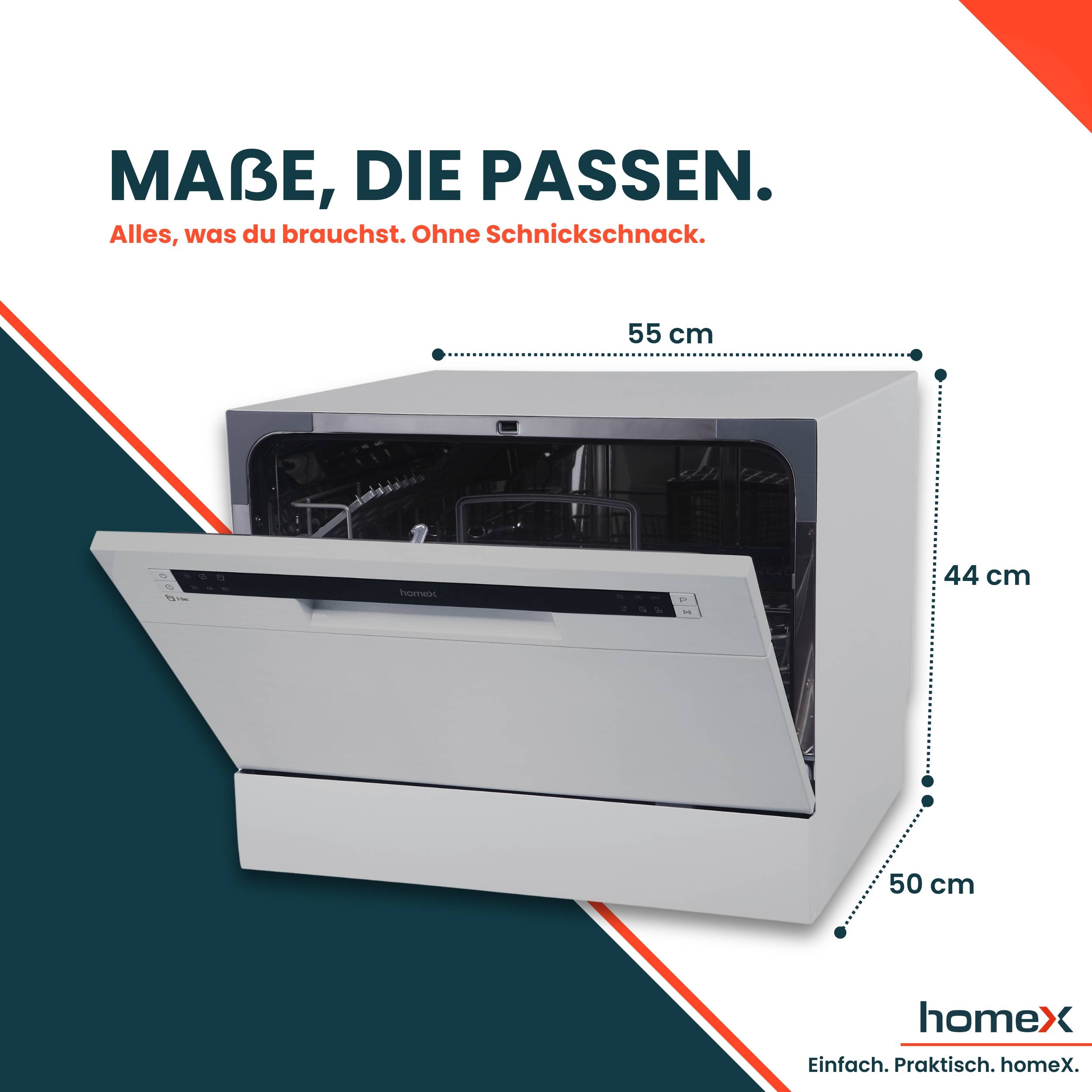 homeX GST6AD-S Tischgeschirrspüler, Mini Geschirrspüler - 6 Programme, Spülmaschine klein für 6 Maßgedecke, AquaStop