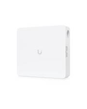 Weißes, an der Wand montiertes Ubiquiti-Netzwerkgerät mit minimalem quadratischem Design und kleiner Statusleuchte.