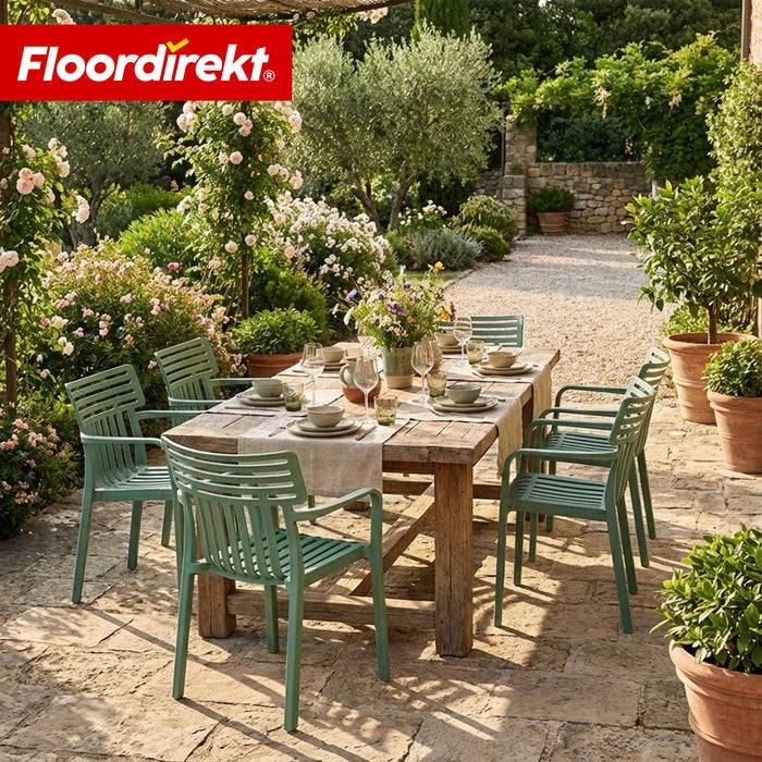 FLOORDIREKT Gartenstuhl Terrano - Stapelbarer Designstuhl für Garten, Balkon & Terrasse - Grün - 6er Set