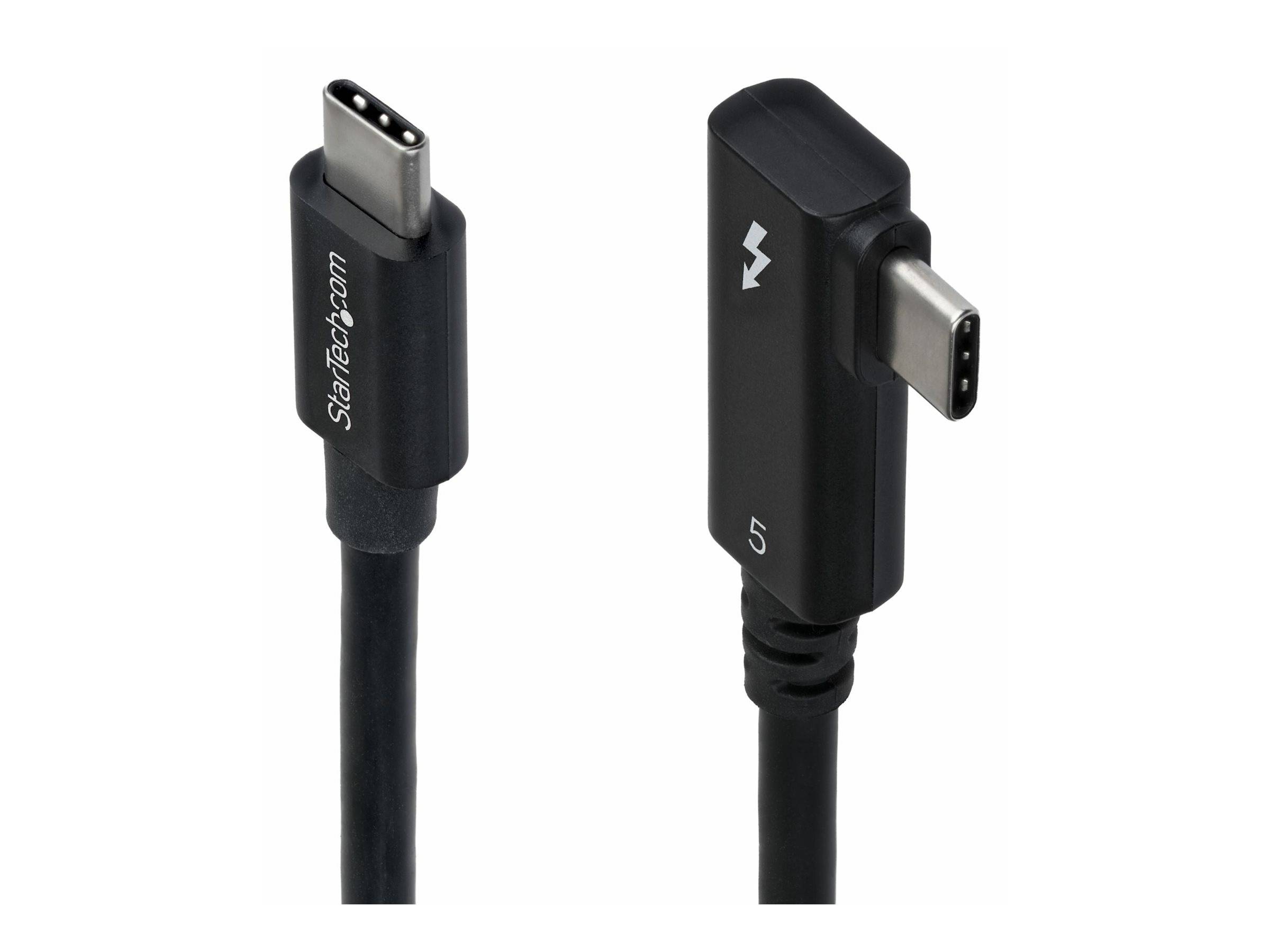 Zwei schwarze USB-C-Kabelenden nebeneinander gezeigt, ein gerader Stecker mit der Bezeichnung „StarTech.com