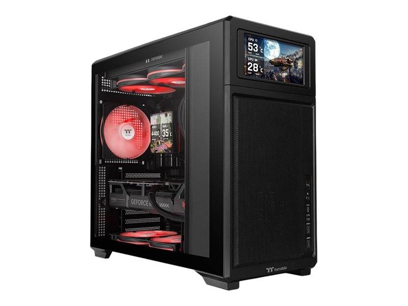 Schwarzer Desktop-PC-Turm mit Seitenfenster, das RGB-beleuchtete Lüfter und Komponenten zeigt, plus ein kleines Frontdisplay mit Systemstatistiken.