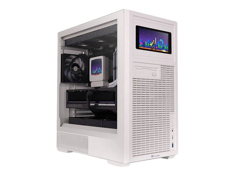 Weiß-Farben-Desktop-Computer-Turm mit Seitenfenster, das interne Komponenten zeigt, und ein kleiner farbiger Bildschirm auf der Frontplatte.